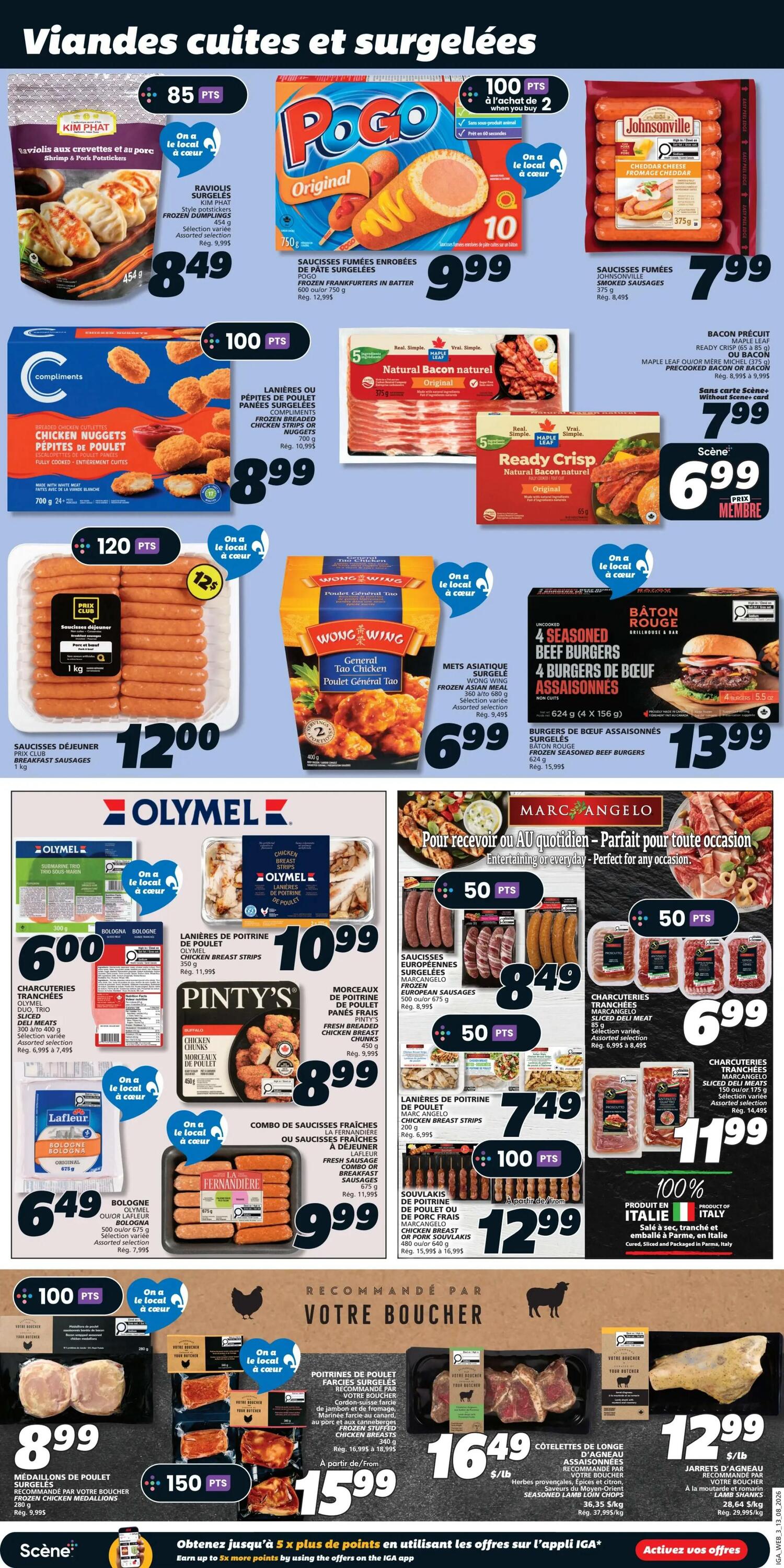IGA Weekly Flyer Specials Page 6 features a variety of frozen and fresh meats and poultry. Top row includes Kim Phat Shrimp & Pork Potstickers for $8.49, Pogo Original Frozen Frankfurters in Batter for $9.99, and Johnsonville Smoked Sausages for $7.99. Compliments Frozen Breaded Chicken Nuggets are $8.99. Maple Leaf Natural Bacon is featured at $7.99 for the original and $6.99 for Ready Crisp bacon. Bottom row highlights Prix Club Breakfast Sausages for $12.00, Wong Wing General Tao Chicken for $6.99, and Bâton Rouge 4 Seasoned Beef Burgers for $13.99. Olymel Chicken Breast Strips are $10.99. Pinty's Fresh Breaded Chicken Breast Chunks are $8.99. Marc Angelo European Sausages are $8.49, Chicken Breast Strips are $7.49, and Pork Souvlaki is $12.99. Lafleur Bologna is $6.49. Featured butcher recommendations include Your Butcher Frozen Chicken Medallions for $8.99, and Your Butcher Lamb Loin Chops for $16.49/lb, with a special price of $15.99. Also available are Your Butcher Cordon Bleu Chicken Breast for $15.99 and Your Butcher Lamb Shanks for $12.99/lb.