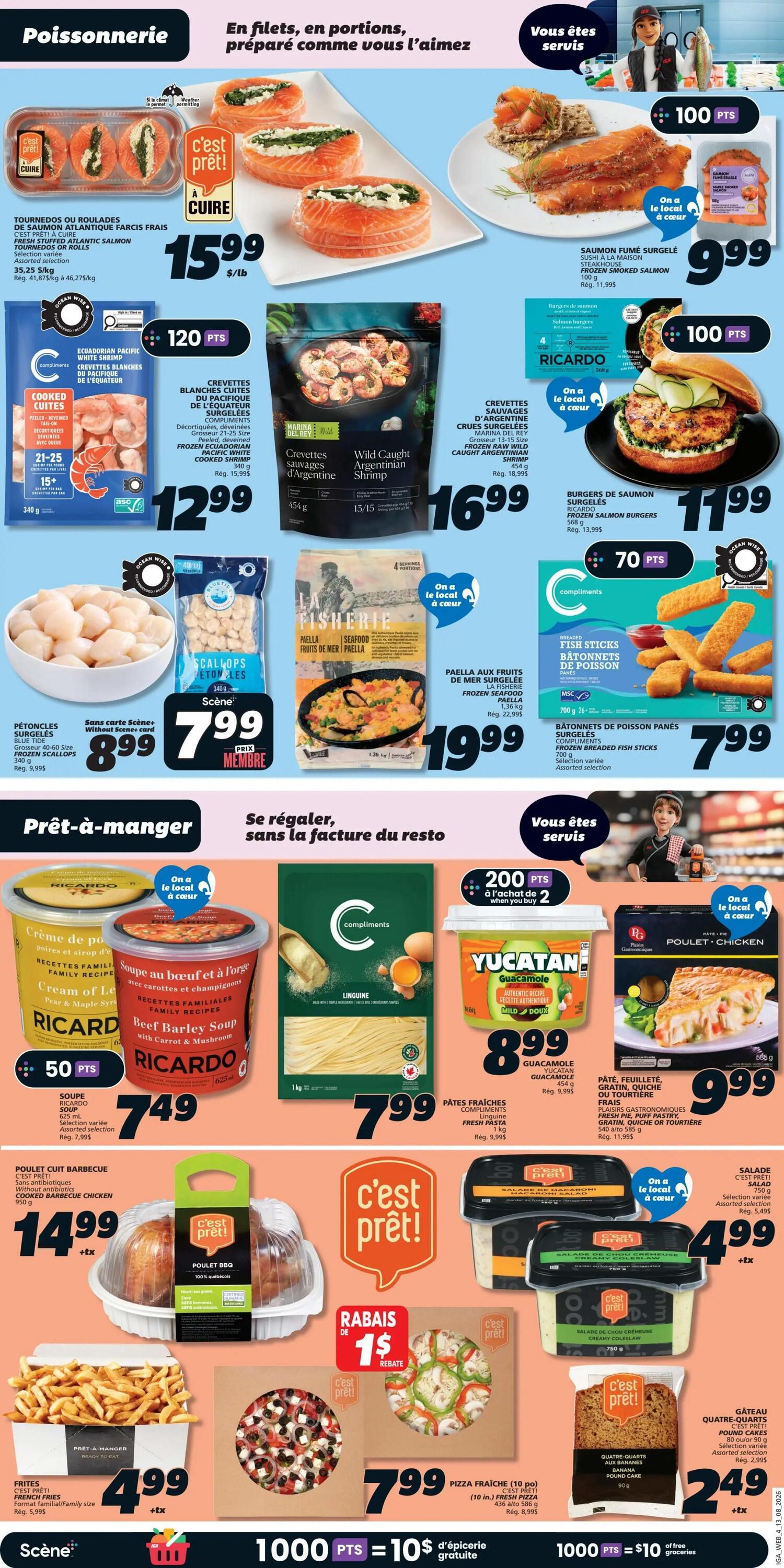 IGA Weekly Flyer Specials Page 7 features a seafood and ready-to-eat section. Top row showcases Fresh Stuffed Atlantic Salmon Farcis priced at $15.99/lb, and Frozen Smoked Salmon Sushi at $9.99. Middle row includes Cooked Pacific White Shrimp for $12.99, Wild Caught Argentinian Shrimp for $16.99, and Ricardo Frozen Salmon Burgers for $11.99 with 100 bonus points. Further down, Frozen Scallops are $8.99 without a Scene+ card, and Frozen Seafood Paella is $19.99. The ready-to-eat section offers Ricardo Cream of Leek and Potato Soup for $7.49 with 50 bonus points, Beef Barley Soup for $7.49, Compliments Linguine Fresh Pasta for $7.99, Yucatan Guacamole for $8.99, and Compliments Fresh Pie, Puff Pastry, Quiche or Tourtiere for $9.99. Also featured is a Cooked Barbecue Chicken for $14.99, French Fries for $4.99, a 10-inch Fresh Pizza for $7.99 with a $1 rebate, and Pound Cake for $2.49. Additionally, there are Compliments Creamy Coleslaw salads for $4.99.