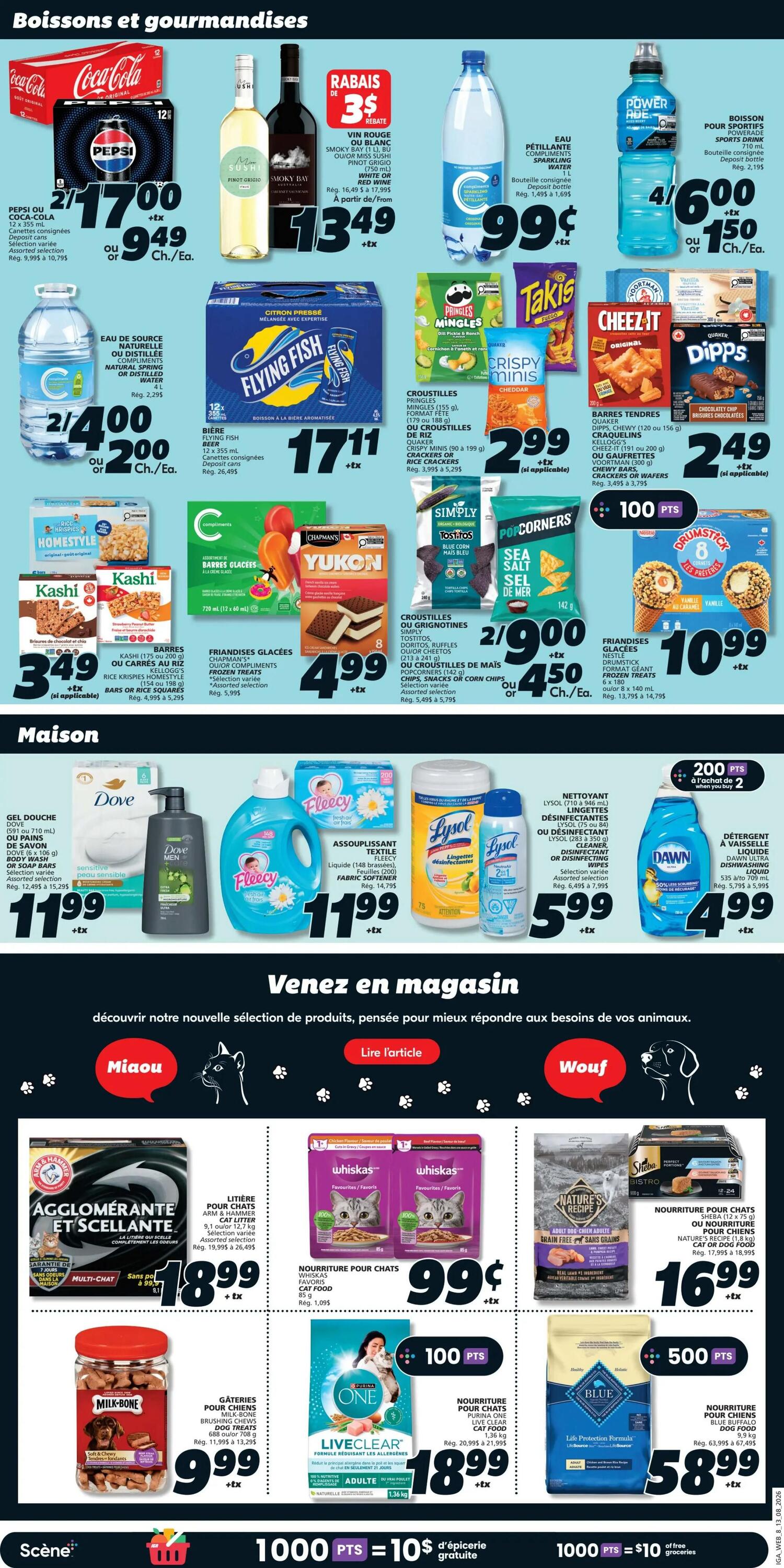 IGA Weekly Flyer Specials, Page 12. This page features a variety of beverages and groceries, including Coca-Cola 12-pack cans for $9.49, Pepsi or Coca-Cola 355 ml bottles for $2.00 each, and Flying Fish beer 12 x 355 ml for $17.11. Also available are Pringles MINGLES chips for $2.99, Takis Crispy Minis for $2.99, Cheez-It crackers for $2.49, and Quaker Dipps chocolate chip cookies for $2.49. In the frozen section, find Chapman's Yukon bars for $4.99 and Friandises Glacées Kashi bars for $3.49. Household items include Dove body wash for $11.99, Fleecy fabric softener for $11.99, Lysol disinfectant wipes for $5.99, and Dawn dishwashing liquid for $4.99. The page also highlights pet supplies with Arm & Hammer Multi-Cat clumping litter for $18.99, Milk-Bone dog treats for $9.99, Whiskas cat food pouches for $0.99, Purina ONE LiveClear cat food for $18.99, Nature's Recipe grain-free dog food for $16.99, and Blue Buffalo dog food for $58.99. Special offers include 3$ rebate on selected wine and 100 bonus points on Simply PopCorners and Cheez-It crackers.