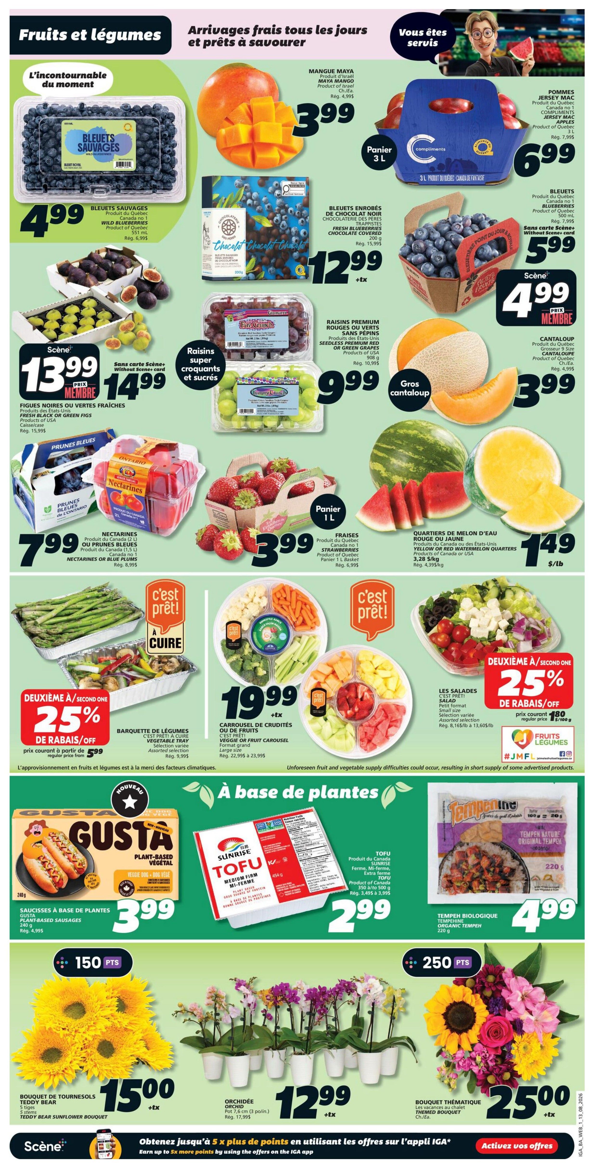 IGA weekly flyer specials page 3 featuring fruits and vegetables. Highlights include Wild Blueberries for $4.99, Chocolate Covered Blueberries for $12.99, and Jersey Mac Apples for $6.99. Also featured are Maya Mangoes for $3.99, Premium Red or Green Seedless Grapes for $9.99, and Cantaloupe for $3.99. Nectarines or Blue Plums are $7.99, and Strawberries are $3.99 per litre basket. Ready-to-cook items include a Vegetable Barquette for $5.99 with a second item at 25% off, and a Fruit or Veggie Carousel for $19.99. Plant-based section includes Gusta Plant-Based Sausages for $3.99 and Sunrise Medium Firm Tofu for $2.99. Organic Tempeh is $4.99. Floral items include a Teddy Bear Sunflower Bouquet for $15.00 and Orchids for $12.99. A Themed Bouquet is $25.00. Earn up to 5x more points by using the IGA app.