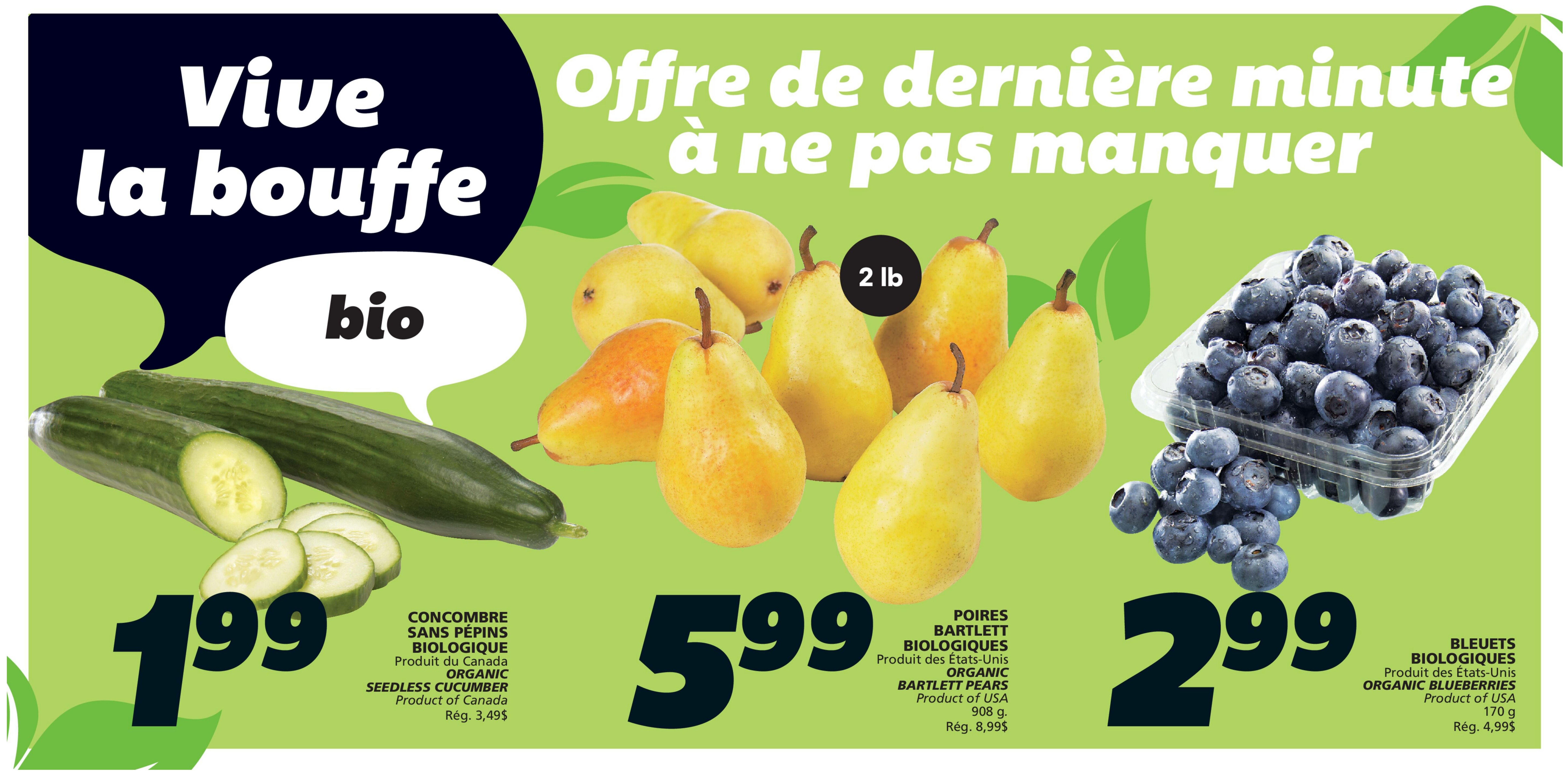 IGA flyer page 4 features a 'Vive la bouffe bio' (Long live organic food) promotion. Organic seedless cucumbers are $1.99, originally $3.49. Organic Bartlett pears from the USA are $5.99 for 2 lb (908 g), originally $8.99. Organic blueberries from the USA are $2.99 for 170 g, originally $4.99.