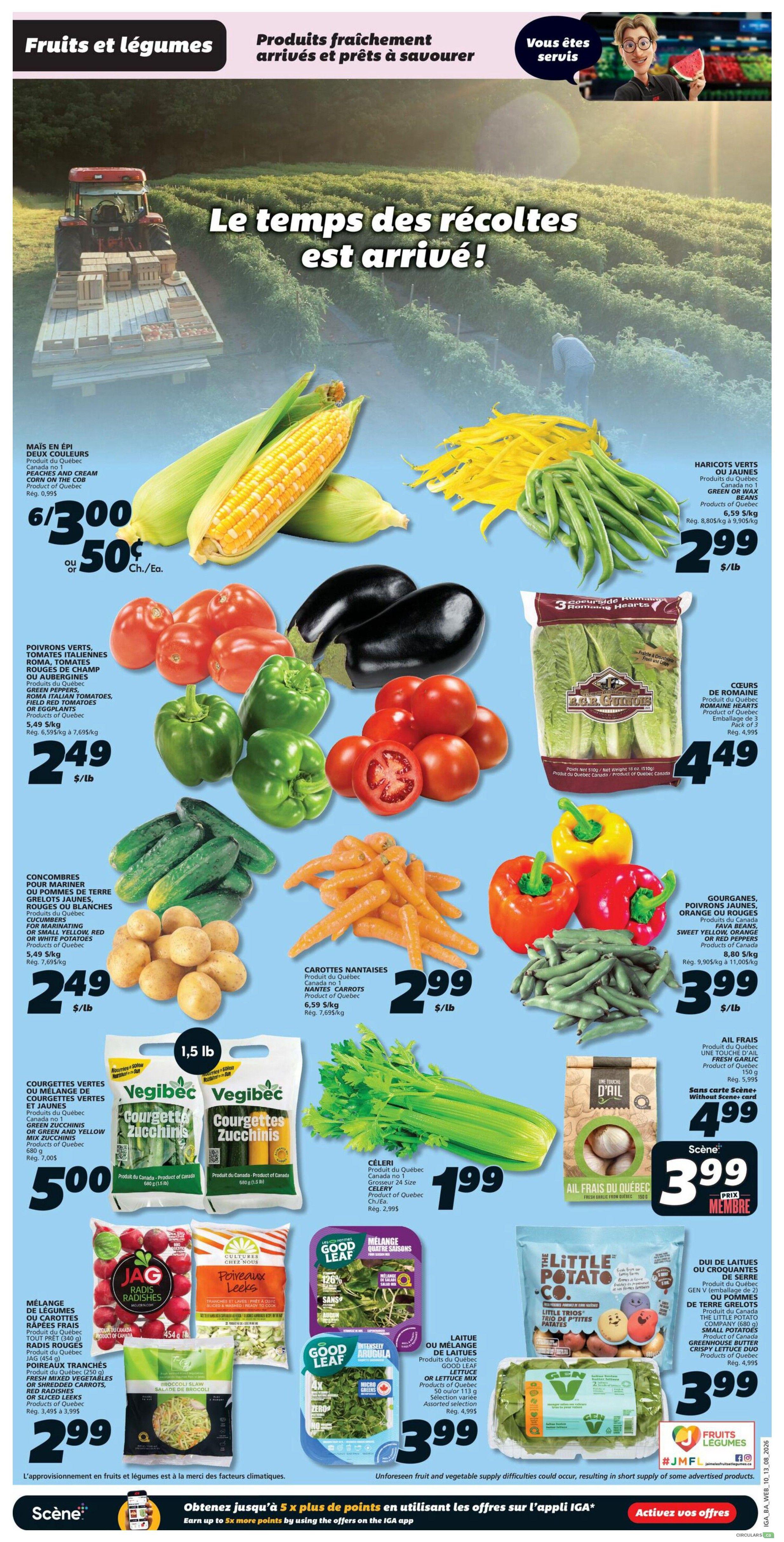 IGA Weekly Flyer Specials, Page 5, featuring fresh, in-season produce. Highlights include corn on the cob, two for $5.00 or 50 cents each; green or yellow beans for $2.99/lb; green peppers, Roma Italian tomatoes, red or yellow tomatoes, and eggplants for $2.49/lb; cucumbers and small potatoes for $2.49/lb; baby carrots for $2.99/lb; and romaine hearts for $4.49. Also featured are 1.5 lb packages of Veggibéc zucchini for $5.00; Jag Bag radishes for $2.99; Good Leaf salad mixes for $3.99, including a 120g 'Melange Quatre Saisons' and an 'Intense Arugula' with microgreens; a bunch of celery for $1.99; 'Ail Frais du Québec' garlic for $4.99; and 'The Little Potato Co.' trios of small potatoes for $3.99. A package of Gen V lettuce is also available for $3.99. The page emphasizes 'Harvest time is here!' with a scenic background of a farm field and tractor.