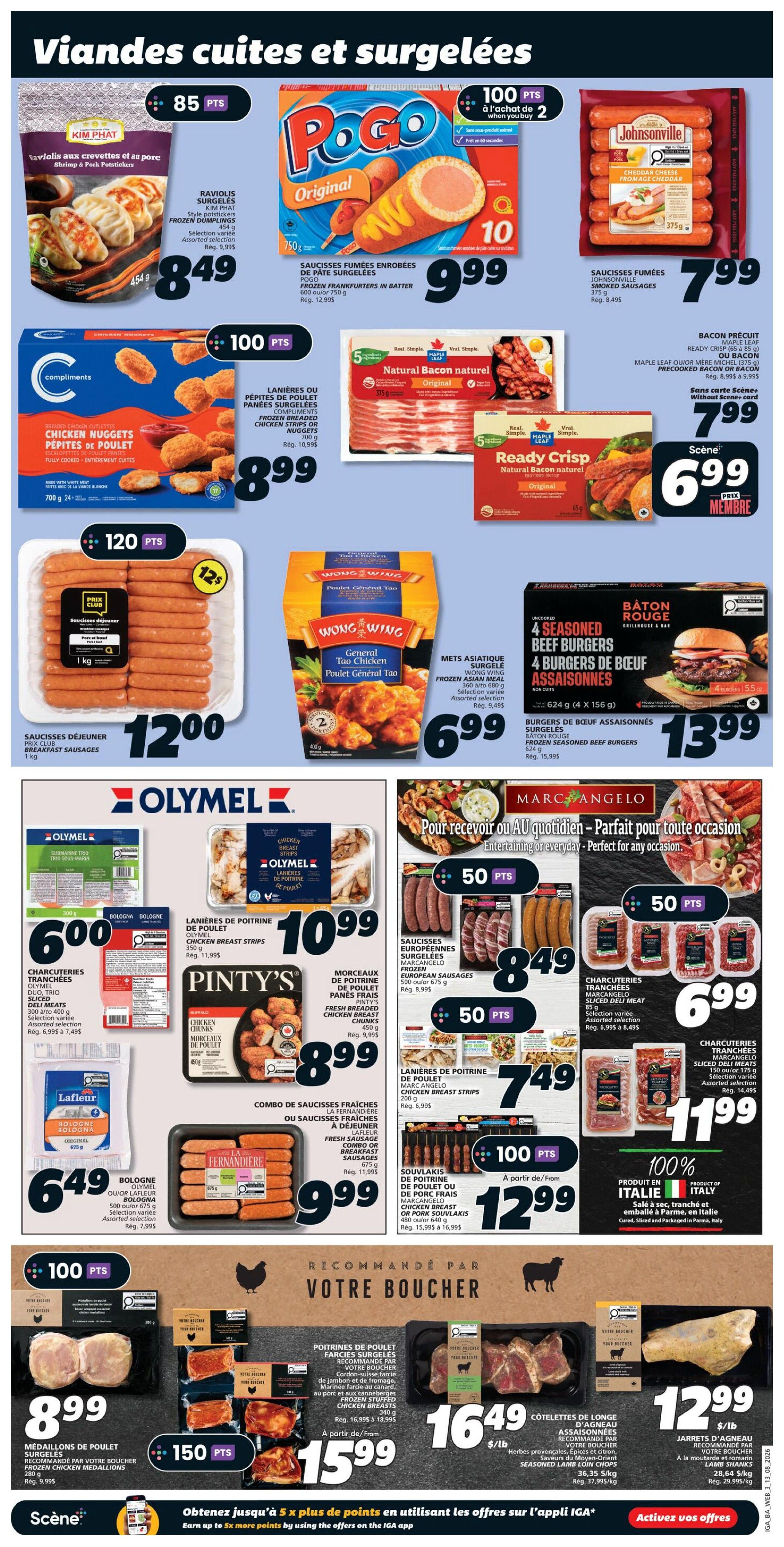 IGA Weekly Flyer Specials Page 7 features a variety of frozen and cooked meats. Top section showcases Kim Phat Raviolis Surgelés for $8.49, Pogo Original Frozen Frankfurters in Batter for $9.99, and Johnsonville Smoked Sausages for $7.99. Also featured are Compliments Frozen Breaded Chicken Nuggets for $8.99, Maple Leaf Natural Bacon products for $6.99, and Wong Wing General Tao Chicken for $6.99. The bottom section highlights Olymel Chicken Breast Strips for $10.99, Pinty's Fresh Breaded Chicken Breast Chunks for $8.99, Lafleur Bologna for $6.49, and La Fernandière Fresh Sausage or Combo Pack for $9.99. Marc Angelo European Sausages are $8.49, and Marc Angelo Sliced Deli Meats are $6.99. Further down, Marc Angelo Chicken Breast Strips are $7.49, and Marc Angelo Pork Souvlakis are $12.99. The bottom section, recommended by 'Votre Boucher', includes Frozen Chicken Medallions for $8.99, and Seasoned Lamb Loin Chops for $15.99/lb. Also available are 'Votre Boucher' brand Frozen Stuffed Chicken Breast for $15.99, and 'Votre Boucher' brand Lamb Shanks for $12.99/lb. Special offers include earning up to 5x more points by using offers on the IGA app.