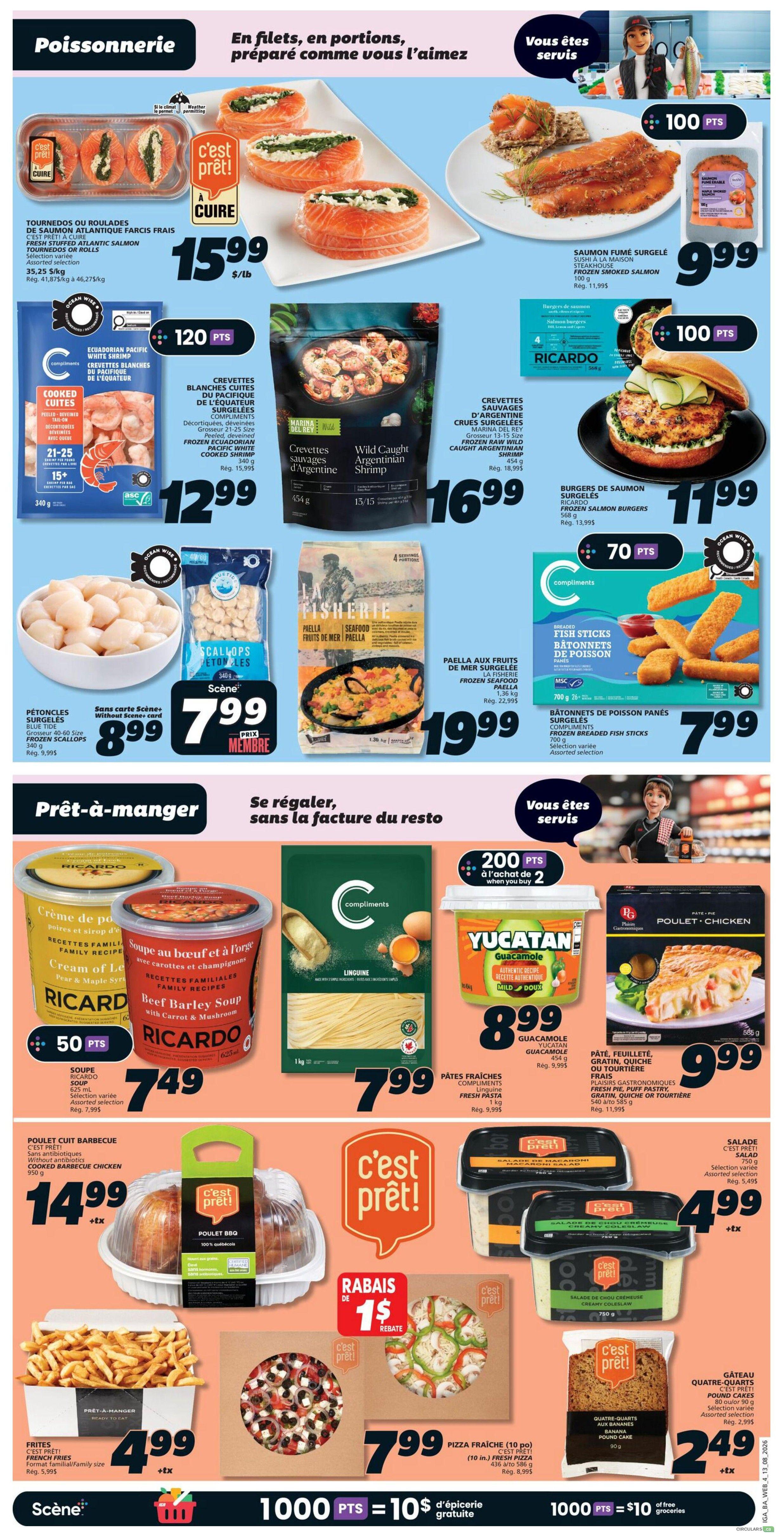 IGA weekly flyer specials page 8 featuring a seafood and ready-to-eat section. Top section showcases fresh Atlantic salmon rolls for $15.99/lb, frozen smoked salmon for $9.99, and wild caught Argentinian shrimp for $16.99. Also featured are frozen cooked Ecuadorian white shrimp for $12.99, frozen scallops for $8.99, and frozen paella for $19.99. Ricardo brand frozen salmon burgers are on sale for $11.99 and fish sticks are $7.99. The ready-to-eat section includes Ricardo brand cream of leek soup and beef barley soup for $7.49, Compliments linguine for $7.99, Yucatan guacamole for $8.99, and Compliments fresh pasta for $9.99. Other ready-to-eat items include C'est Prêt BBQ chicken for $14.99, C'est Prêt french fries for $4.99, C'est Prêt 10-inch fresh pizza for $7.99, C'est Prêt salad for $4.99, and C'est Prêt pound cake for $2.49. The bottom of the page highlights a promotion: 1000 points equals $10 in free groceries.