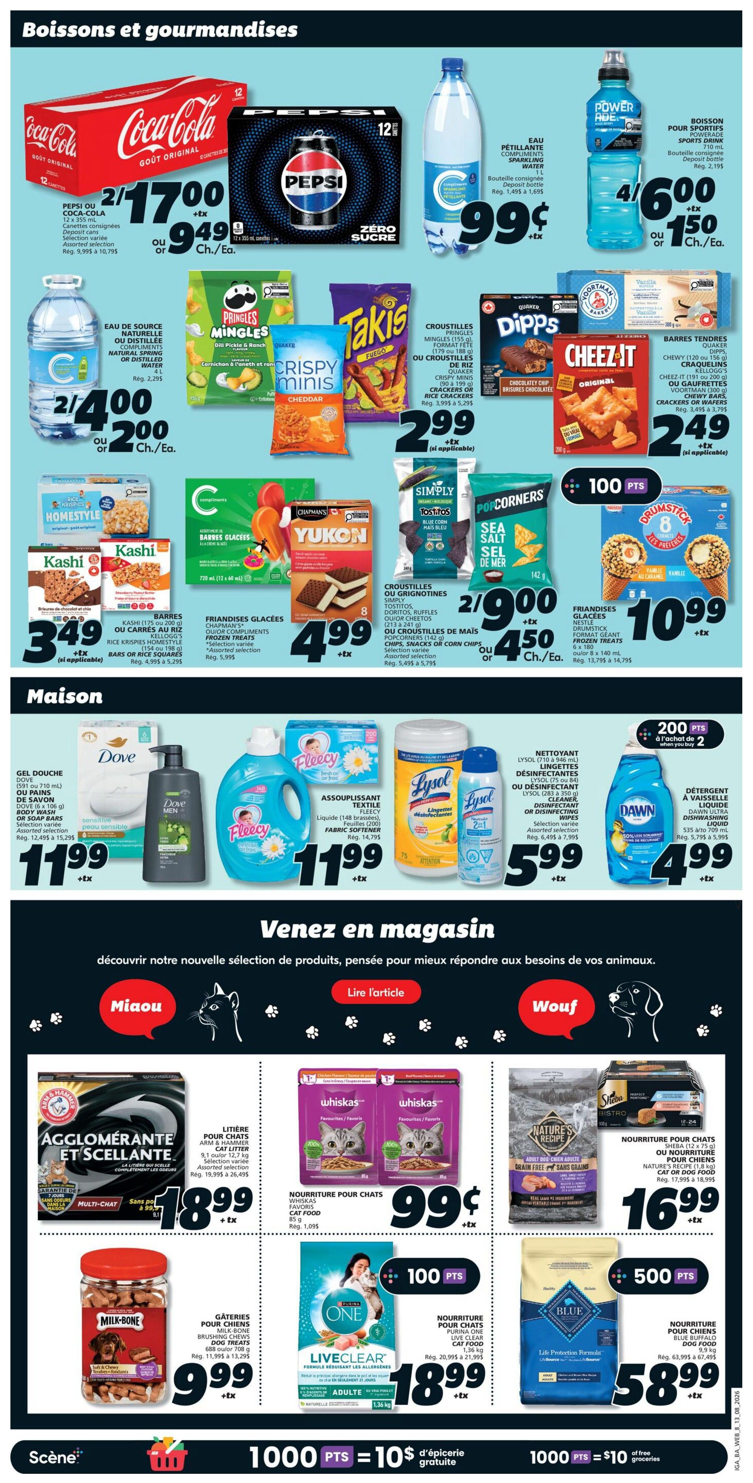 IGA weekly flyer specials for New Brunswick, page 13. Featuring beverages and snacks: Coca-Cola 12x 355 mL cans for $9.49, Pepsi 12x 355 mL cans for $9.49, Compliments Sparkling Water 1 L for $0.99, Powerade Sports Drink 4x 500 mL for $6.00 or 4 for $15.00. Also on sale are Compliments Natural Spring or Distilled Water 4 L for $2.00, Pringles Crisps 155 g for $2.99, Takis Fuego Tortilla Chips 180 g for $2.99, Quaker Crispy Minis 142 g for $2.99, Dipps Chocolate Chip Cookies 250 g for $2.49, Cheez-It Crackers or Wafers 190 g for $2.49. Frozen treats include Kashi Bars 175 g or Rice Krispies Homestyle bars for $3.49, and Chapman's Yukon Frozen Yogurt 720 mL for $4.99. Nestlé Drumstick Frozen Treats 8 pack for $10.99. Household items include Dove Body Wash 532 mL or Soap Bars 4x 90 g for $11.99, Fleecy Fabric Softener 1.48 L for $11.99, Lysol Disinfectant Wipes 75 sheets or Lysol Cleaner 946 mL for $5.99, and Dawn Dishwashing Liquid 535 mL to 709 mL for $4.99. Pet section features Arm & Hammer Cat Litter 9.1 kg or 12.7 kg for $18.99. Whiskas Cat Food Pouches 12x 85 g for $0.99. Milk-Bone Dog Biscuits 688 g or 708 g for $9.99. Purina One LiveClear Cat Food 1.36 kg for $18.99. Nature's Recipe Grain Free Dog Food 1.36 kg for $16.99. Blue Buffalo Dog Food 9.9 kg for $58.99. Also, 1000 points equals $10 in free groceries.