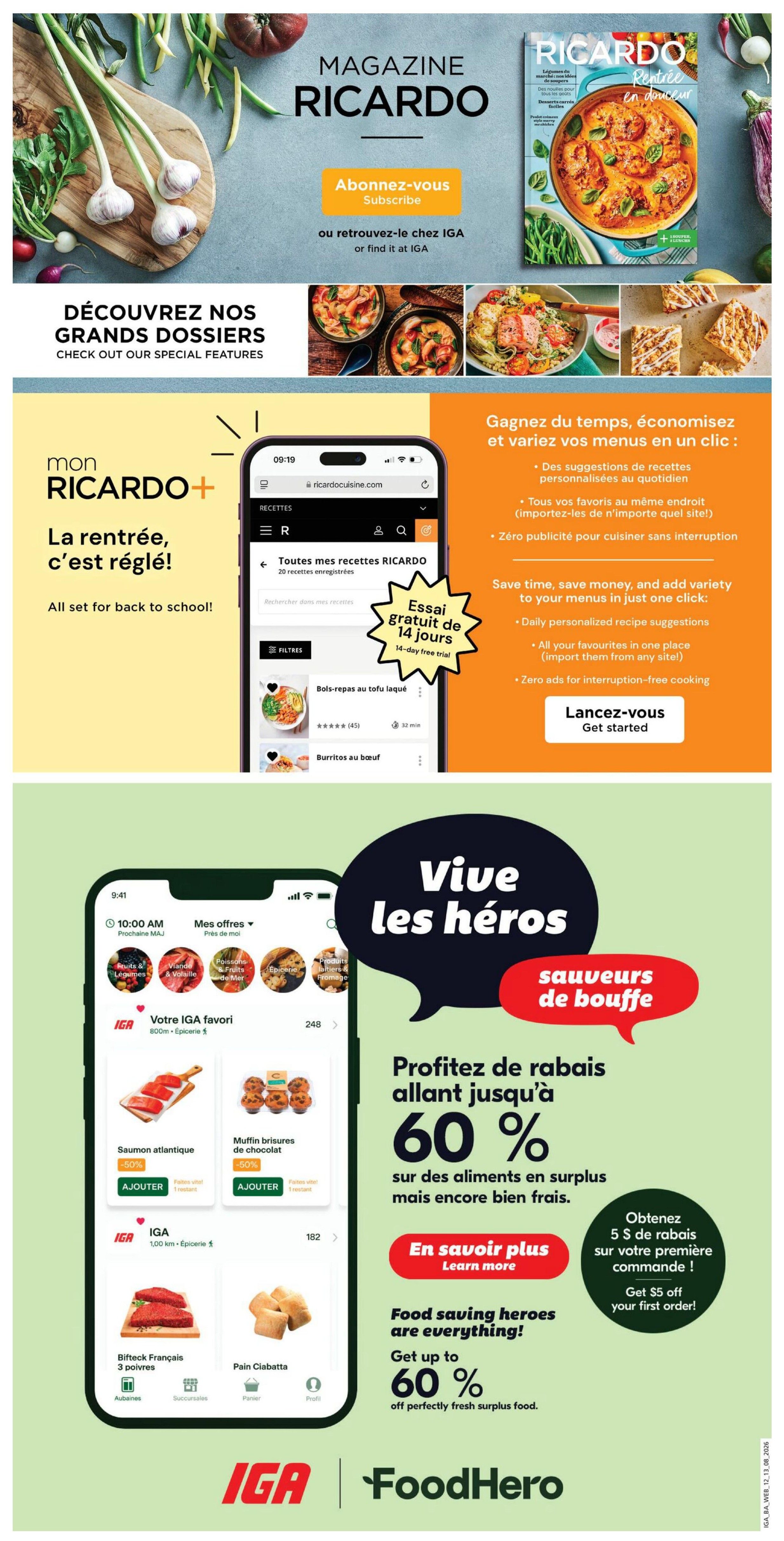 IGA flyer page 16 features the Magazine Ricardo subscription offer with a 14-day free trial for recipes. It highlights 'La rentrée, c'est réglé!' or 'All set for back to school!' with recipe suggestions like Bois-repas au tofu laqué and Burritos au boeuf. The page also promotes 'Vive les héros' and 'sauveurs de bouffe' (food saving heroes) with up to 60% off surplus food. Featured products include Atlantic Salmon at 50% off, Chocolate Chip Muffins at 50% off, Biffteck Français (3 steaks), and Pain Ciabatta. Additionally, there's an offer for $5 off your first order. The bottom of the page displays the IGA and FoodHero logos.