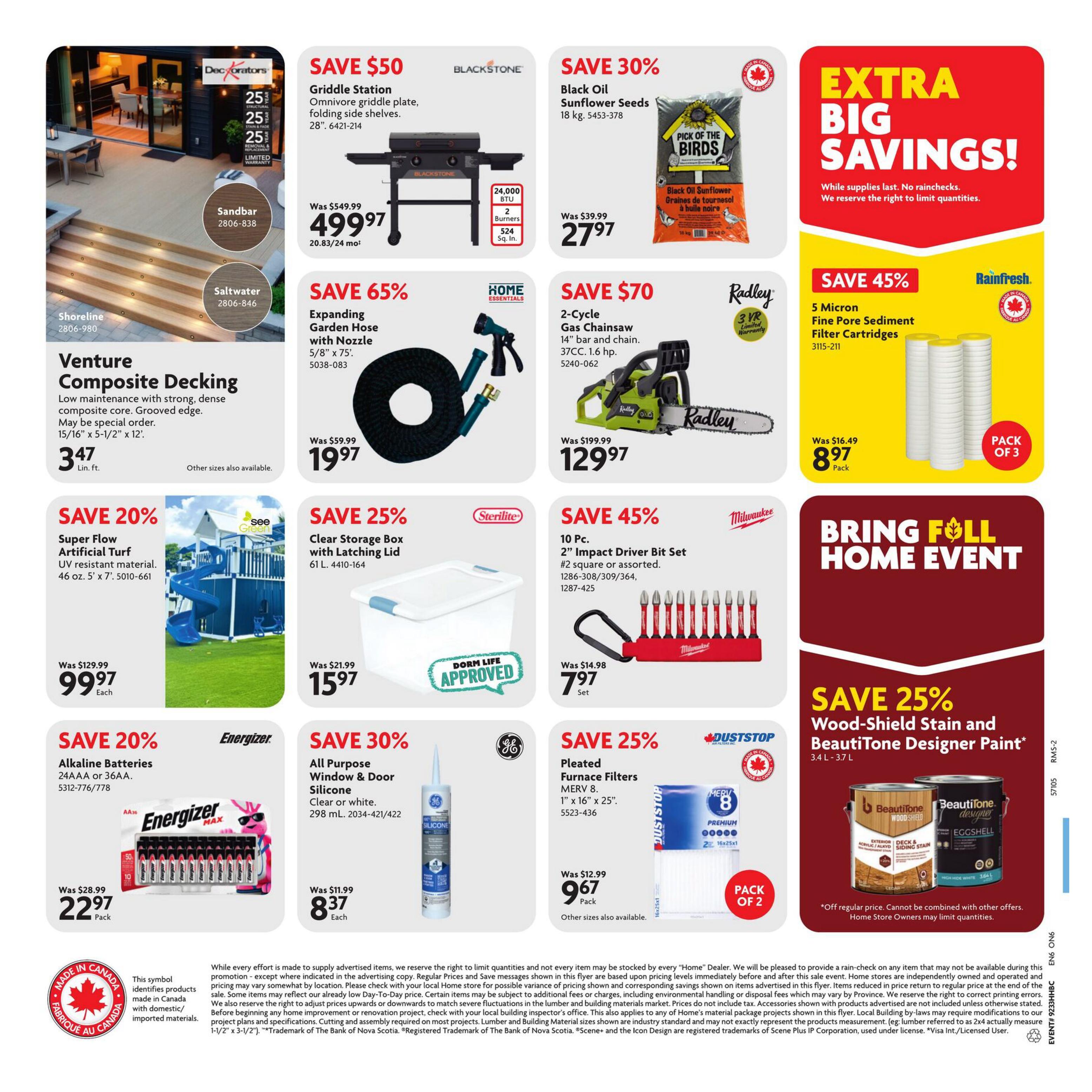 Home Hardware flyer page 2 features a variety of home improvement and outdoor products. Highlighted items include Venture Composite Decking at $3.47 lin. ft., a Blackstone Griddle Station for $49.97 (save $50), and an Expanding Garden Hose with Nozzle for $19.97 (save 65%). Also featured are Black Oil Sunflower Seeds for $2.79 (save 30%), a Radley 2-Cycle Gas Chainsaw for $129.97 (save $70), and Rainfresh 5 Micron Fine Pore Sediment Filter Cartridges (pack of 3) for $8.97 (save 45%). Other deals include Super Flow Artificial Turf for $99.97 each (save 20%), Energizer Alkaline Batteries (24AA or 36AA) for $22.97 pack (save 20%), Sterilite Clear Storage Box with Latching Lid for $15.97 (save 25%), Milwaukee 10 Pc. 2' Impact Driver Bit Set for $7.97 set (save 45%), GE All Purpose Window & Door Silicone for $8.37 each (save 30%), and Duststop Pleated Furnace Filters (1' x 16' x 25') for $9.67 pack (save 25%). The page also promotes a 'Bring Fall Home Event' with 25% off Wood-Shield Stain and BeautiTone Designer Paint (3.4 L - 3.7 L).