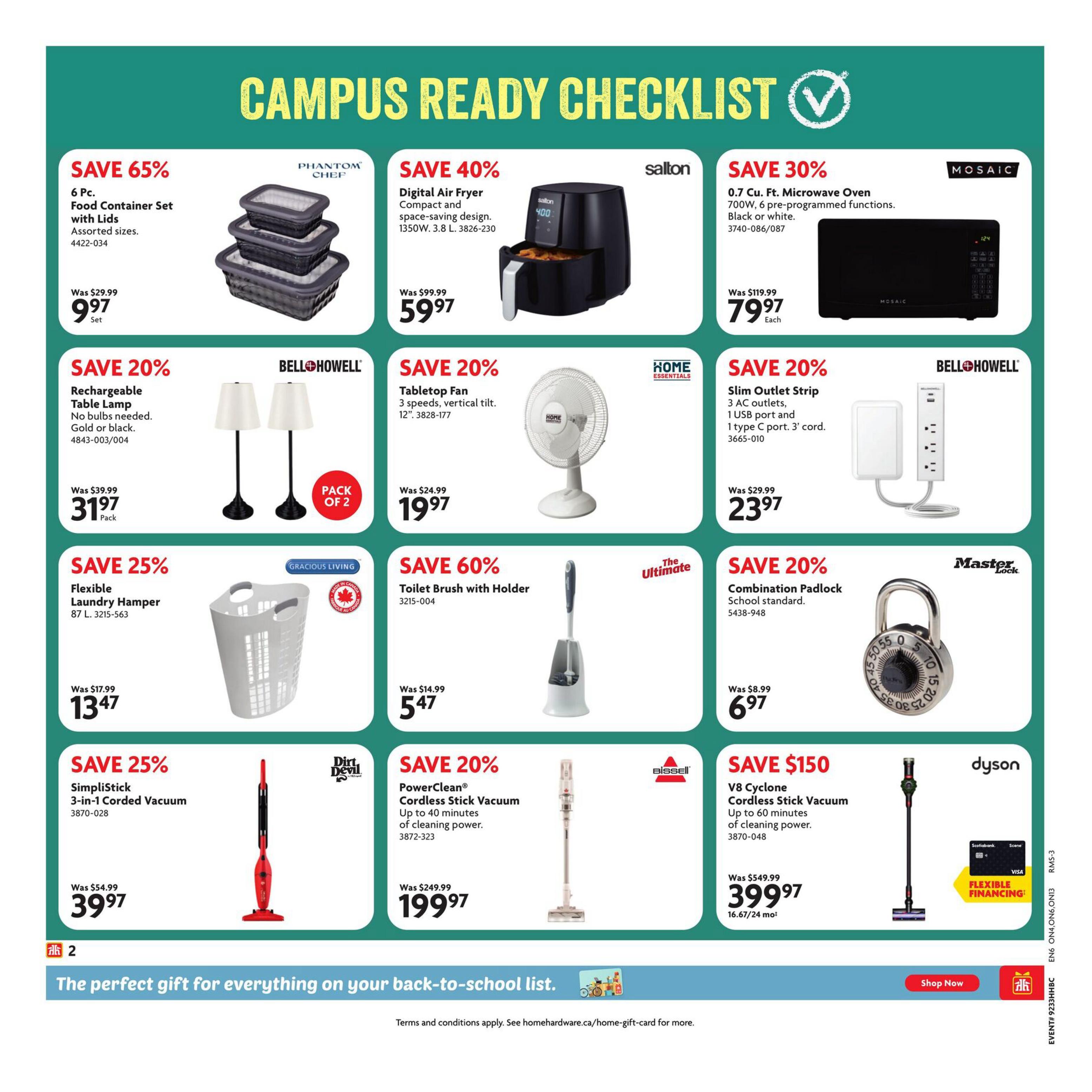 Home Hardware flyer page 3 features a 'Campus Ready Checklist'. Deals include a 6 Pc. Food Container Set with Lids for $9.97 (Save 65%), a Salton Digital Air Fryer for $59.97 (Save 40%), and a Mosaic 0.7 Cu. Ft. Microwave Oven for $79.97 (Save 30%). Also available are Bell+Howell Rechargeable Table Lamps (Pack of 2) for $31.97 (Save 20%), a Home Essentials Tabletop Fan for $19.97 (Save 20%), and a Bell+Howell Slim Outlet Strip for $23.97 (Save 20%). Other offers include a Gracious Living Flexible Laundry Hamper for $13.47 (Save 25%), The Ultimate Toilet Brush with Holder for $5.47 (Save 60%), and a Master Lock Combination Padlock for $6.97 (Save 20%). Cleaning appliances on sale are the Dirt Devil SimpliStick 3-in-1 Corded Vacuum for $39.97 (Save 25%), a Bissell PowerClean Cordless Stick Vacuum for $199.97 (Save 20%), and a Dyson V8 Cyclone Cordless Stick Vacuum for $399.97 (Save $150), with flexible financing available. The bottom banner promotes 'The perfect gift for everything on your back-to-school list' list with a 'Shop Now' button.