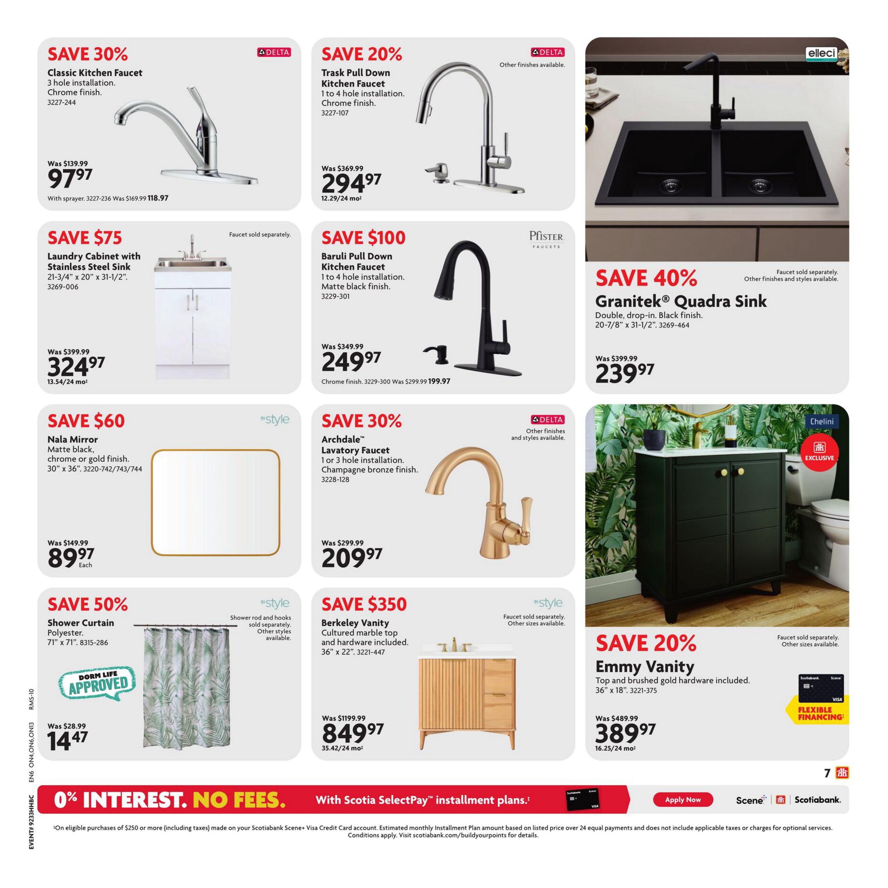 Home Hardware flyer page 11 featuring bathroom and kitchen fixtures. Save 30% on a Classic Kitchen Faucet for $97.97. Save $75 on a Laundry Cabinet with Stainless Steel Sink for $324.97. Save $60 on a Nala Mirror in matte black, chrome, or gold finish for $89.97 each. Save 50% on a Shower Curtain for $14.47. Save 20% on a Trask Pull Down Kitchen Faucet for $294.97. Save $100 on a Baruli Pull Down Kitchen Faucet in matte black finish for $249.97. Save 40% on a GraniTek Quadra Sink in black finish for $239.97. Save 30% on an Archdale Lavatory Faucet in champagne bronze finish for $209.97. Save $350 on a Berkeley Vanity with cultured marble top and hardware included for $849.97. Save 20% on an Emmy Vanity with top and brushed gold hardware included for $389.97. The bottom of the page highlights 0% interest, no fees with Scotiabank SelectPay installment plans.