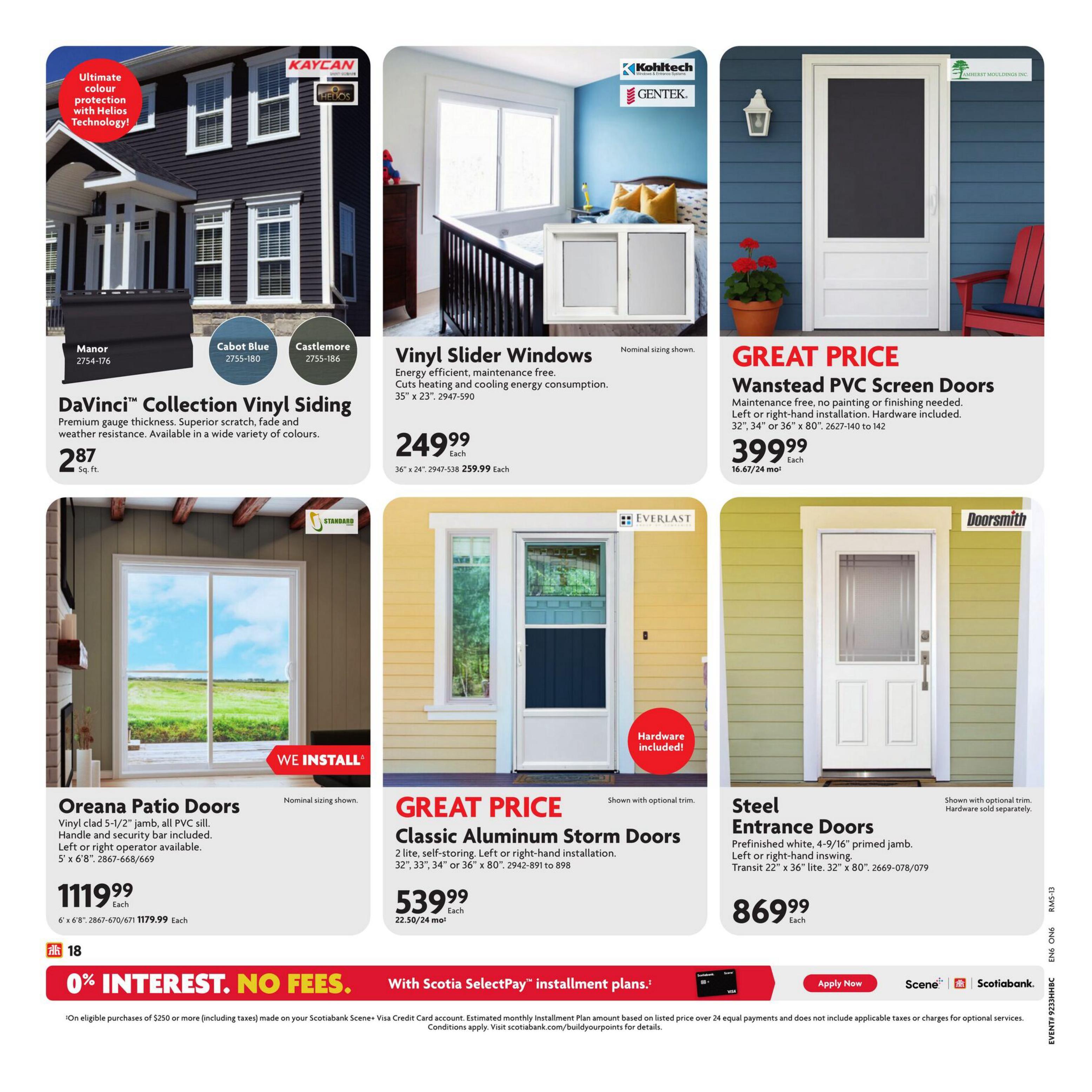 Home Hardware flyer page 27 features DaVinci Collection Vinyl Siding in Manor, Cabot Blue, and Castlemere colours for $2.87 per sq. ft. Also available are Vinyl Slider Windows for $249.99 each, Wanstead PVC Screen Doors for $399.99 each, Oreana Patio Doors for $1119.99 each, Great Price Classic Aluminum Storm Doors for $539.99 each, and Steel Entrance Doors for $869.99 each. The flyer also highlights 0% interest with Scotiabank SelectPay installment plans on eligible purchases of $250 or more.