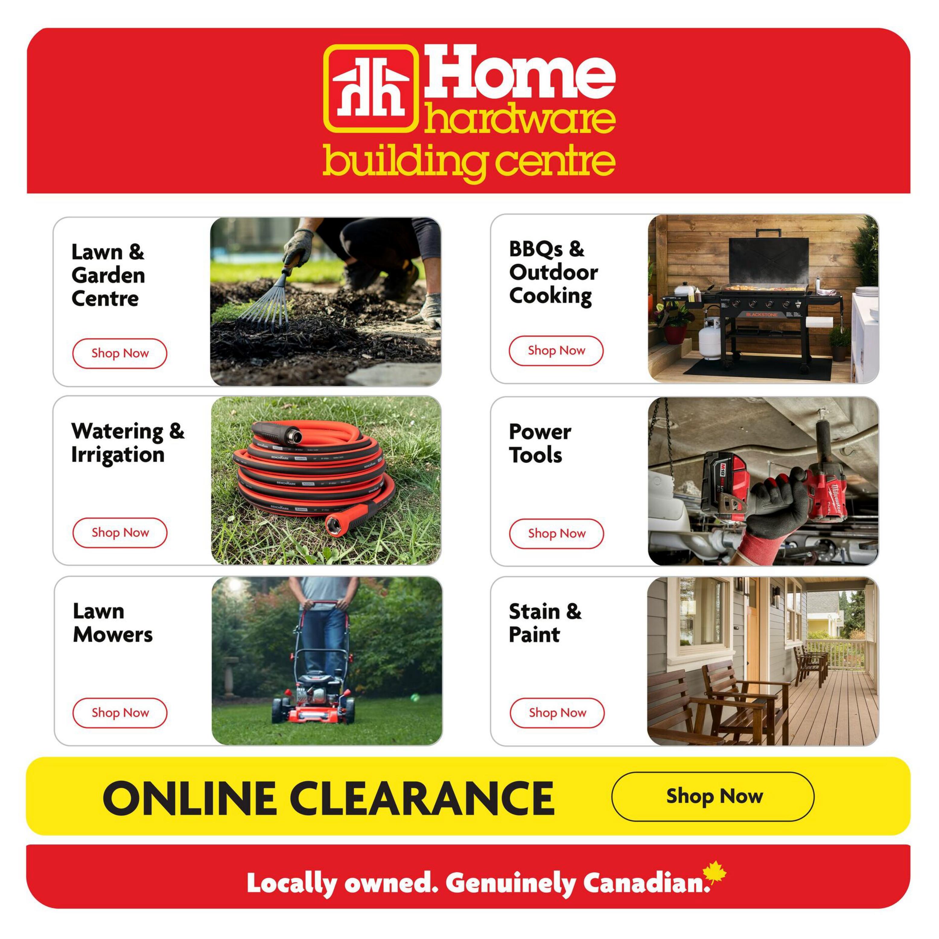 Home Hardware Building Centre flyer page 29 featuring categories like Lawn & Garden Centre, BBQs & Outdoor Cooking, Watering & Irrigation, Power Tools, Lawn Mowers, and Stain & Paint, each with a 'Shop Now' button. A prominent section highlights 'ONLINE CLEARANCE' with another 'Shop Now' button. The page concludes with the slogan 'Locally owned. Genuinely Canadian.'