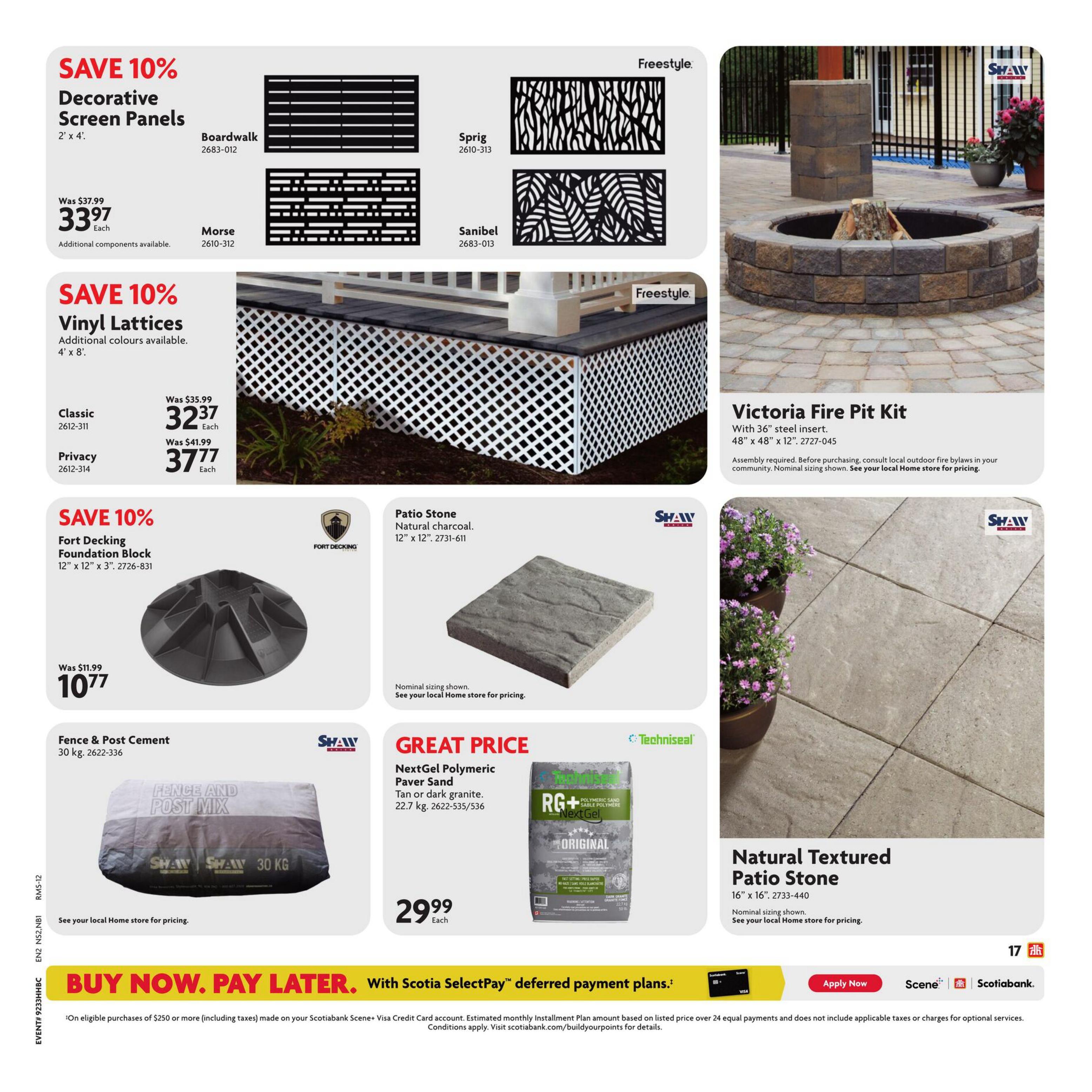 Home Hardware flyer page 26 features a 10% discount on Decorative Screen Panels, including Boardwalk and Morse styles, priced at $33.97 each. Also on sale for 10% off are Vinyl Lattices, with Classic style at $32.37 each and Privacy style at $37.77 each. Save 10% on Fort Decking Foundation Blocks for $10.77. Other items include Fence & Post Cement (30 kg) and NextGel Polymeric Paver Sand (22.7 kg) for a great price of $29.99. The page also showcases the Victoria Fire Pit Kit with a 36' steel insert, and Natural Textured Patio Stone (16' x 16'). A 'Buy Now. Pay Later.' offer with Scotiabank Scene+ Visa Credit Card is also promoted.