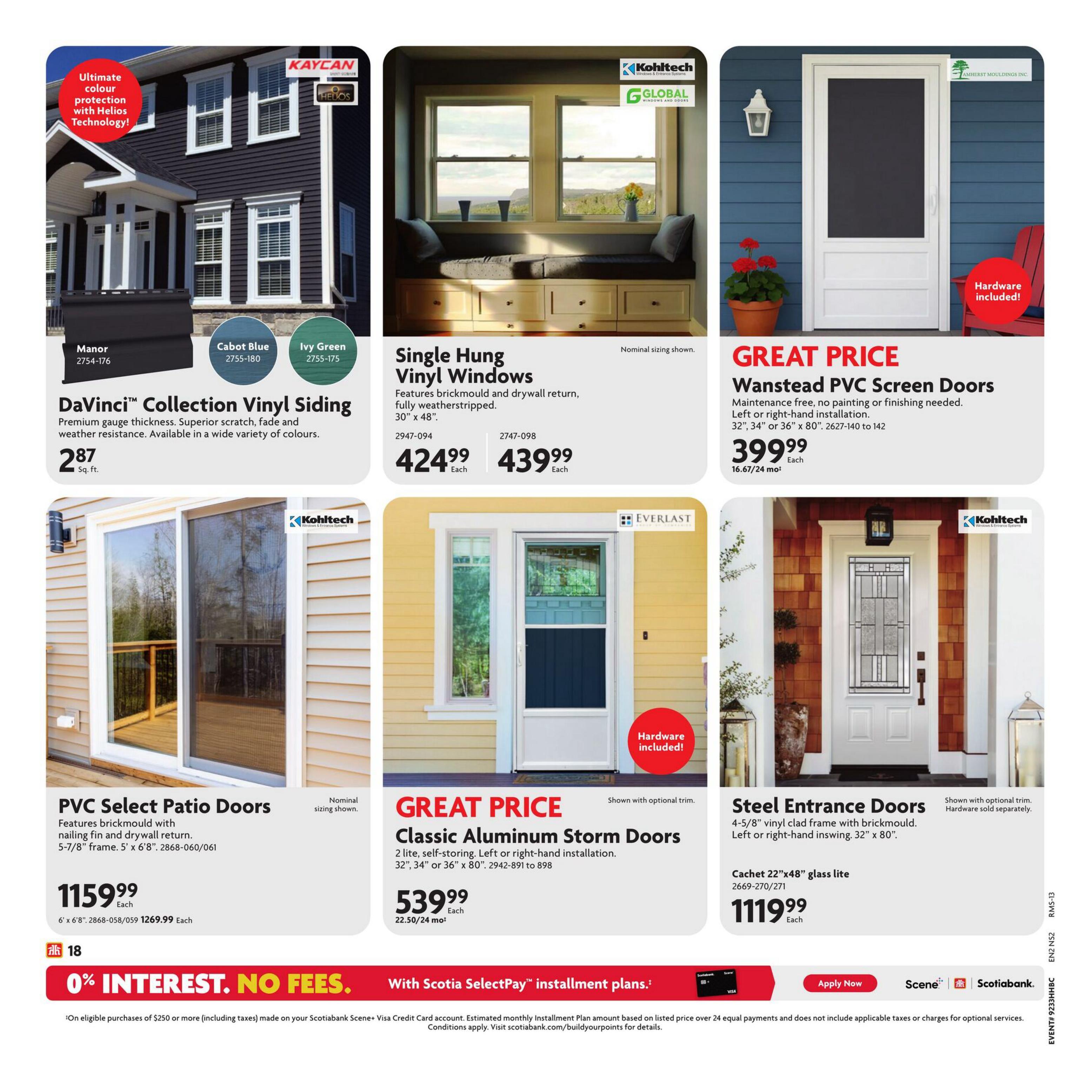 Home Hardware Atlantic flyer, page 27. Features DaVinci Collection Vinyl Siding in Manor, Cabot Blue, and Ivy Green colours for $2.87 per sq. ft. Also available are Single Hung Vinyl Windows for $424.99 or $439.99 each, Wanstead PVC Screen Doors for $399.99 each, PVC Select Patio Doors for $1159.99 each, Classic Aluminum Storm Doors for $539.99 each, and Steel Entrance Doors with Cachet glass lite for $1119.99 each. The bottom of the page highlights 0% interest and no fees with Scotiabank SelectPay installment plans on eligible purchases of $250 or more.