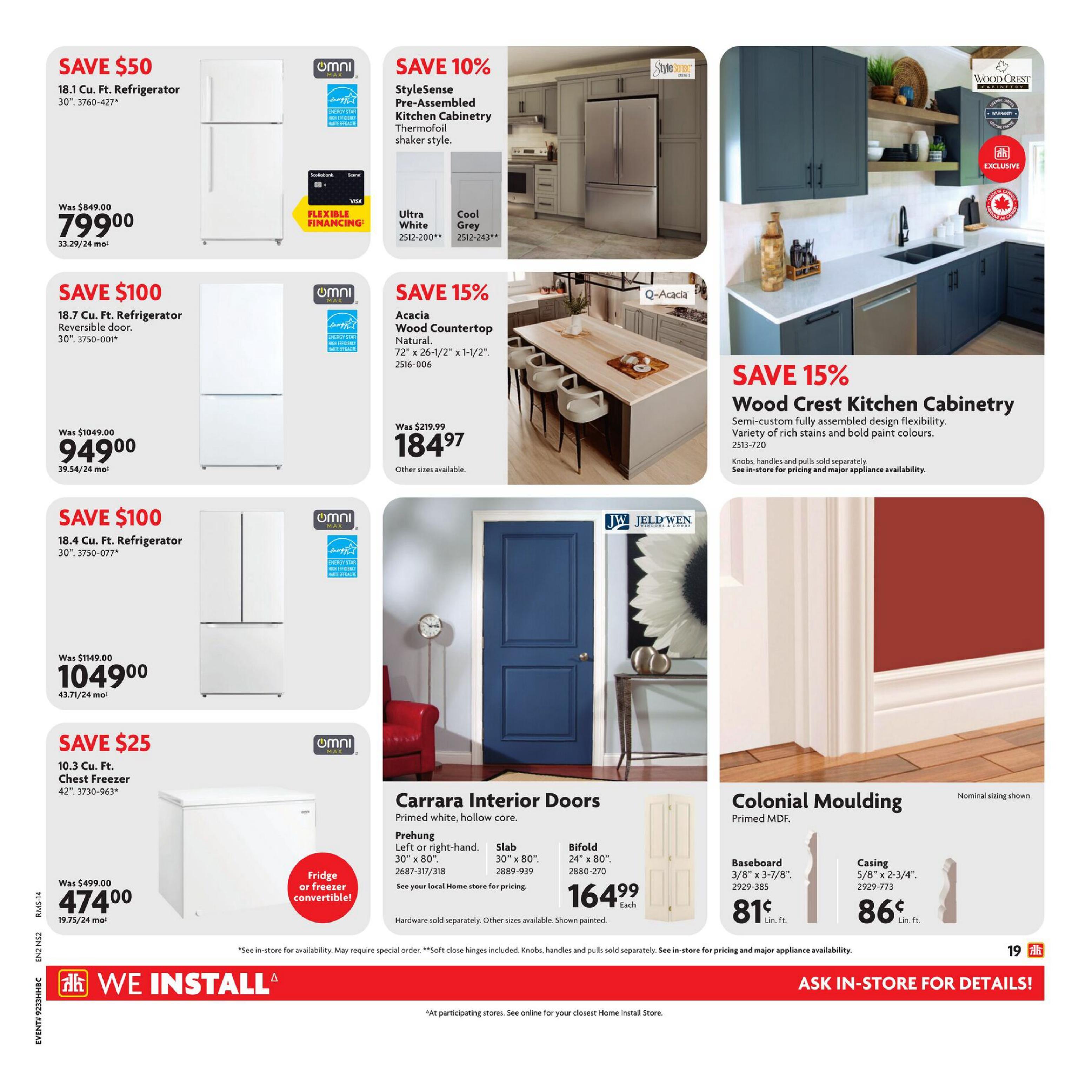 Home Hardware flyer page 28 featuring various home improvement and appliance deals. Save $50 on an 18.1 cu. ft. Omni Max refrigerator for $799.00. Save $100 on an 18.7 cu. ft. Omni Max reversible door refrigerator for $949.00. Save $100 on an 18.4 cu. ft. Omni Max refrigerator for $1049.00. Save $25 on a 10.3 cu. ft. Omni Max chest freezer, convertible to fridge or freezer, for $474.00. Save 10% on StyleSense pre-assembled kitchen cabinetry in Ultra White or Cool Grey for $200-$243. Save 15% on Acacia wood countertops, 72' x 26-1/2' x 1-1/2', for $184.97. Save 15% on Wood Crest Kitchen Cabinetry in various rich stains and bold paint colours, starting at $720. Also featured are Carrara interior doors, including prehung, slab, and bifold options, for $164.99 each. Colonial Moulding in primed MDF is available, with baseboard at 81¢ per linear foot and casing at 86¢ per linear foot. 'We Install' services are available. Ask in-store for details.