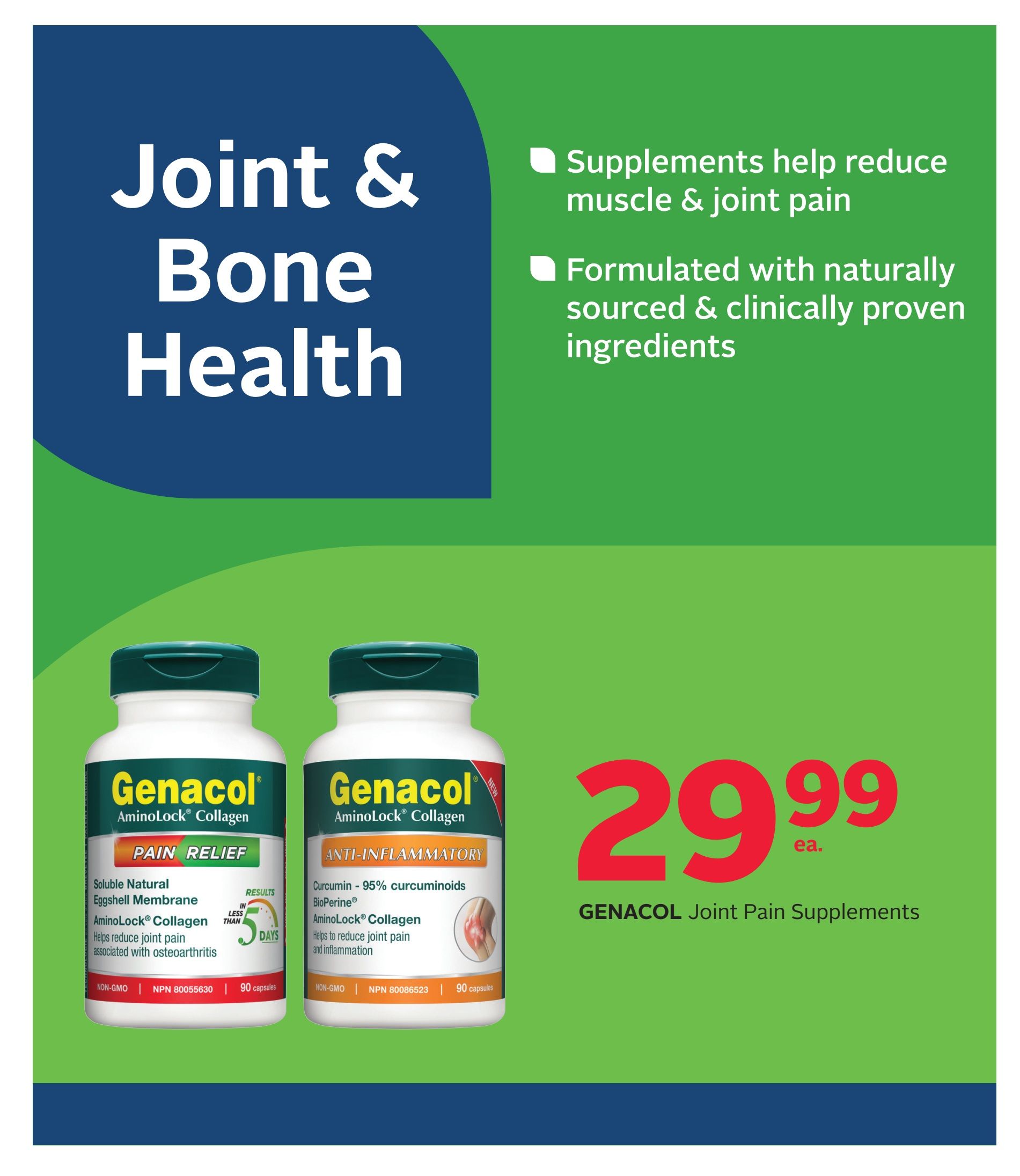 Rexall flyer page 6 features Genacol Joint Pain Supplements for 'Joint & Bone Health'. Supplements help reduce muscle & joint pain and are formulated with naturally sourced & clinically proven ingredients. Two varieties are shown: Genacol AminoLock Collagen Pain Relief, containing Soluble Natural Eggshell Membrane and helping reduce joint pain associated with osteoarthritis in as little as 5 days. Also shown is Genacol AminoLock Collagen Anti-Inflammatory, with Curcumin - 95% curcuminoids and BioPerine, helping to reduce joint pain and inflammation. Both are 90 capsules and priced at $29.99 each.