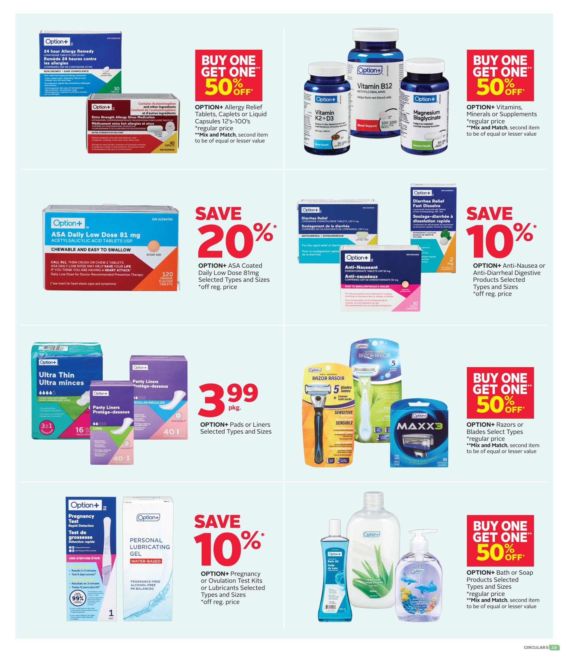 Rexall Manitoba flyer page 8 features various Option+ products on sale. Top left: Option+ 24 hour Allergy Relief tablets, 30 count, and Option+ Extra Strength Allergy Sinus medication, 40 caplets, are Buy One Get One 50% off. Top right: Option+ Vitamin B12, 100 count, and Option+ Magnesium Bisglycinate, 60 count, are part of a Buy One Get One 50% off offer on Vitamins, Minerals or Supplements. Middle left: Option+ ASA Daily Low Dose 81 mg Acetylsalicylic Acid Tablets, 120 count, is 20% off. Middle center: Option+ Pads or Liners, selected types and sizes, are $3.99 per pkg. Middle right: Option+ Diarrhea Relief Fast Dissolve tablets, 20 count, and Option+ Anti-Nauseant tablets, 30 count, are 10% off. Bottom left: Option+ Ultra Thin Ultra Minces pads, 16 count long, and Option+ Panty Liners, 40 count regular, are part of the $3.99 pkg. offer. Bottom center: Option+ Pregnancy or Ovulation Test Kits are 10% off. Bottom right: Option+ Razors or Blades, selected types, are Buy One Get One 50% off. Also featured is Option+ Bath Oil and Option+ Hand Soap, selected types and sizes, as part of a Buy One Get One 50% off offer.