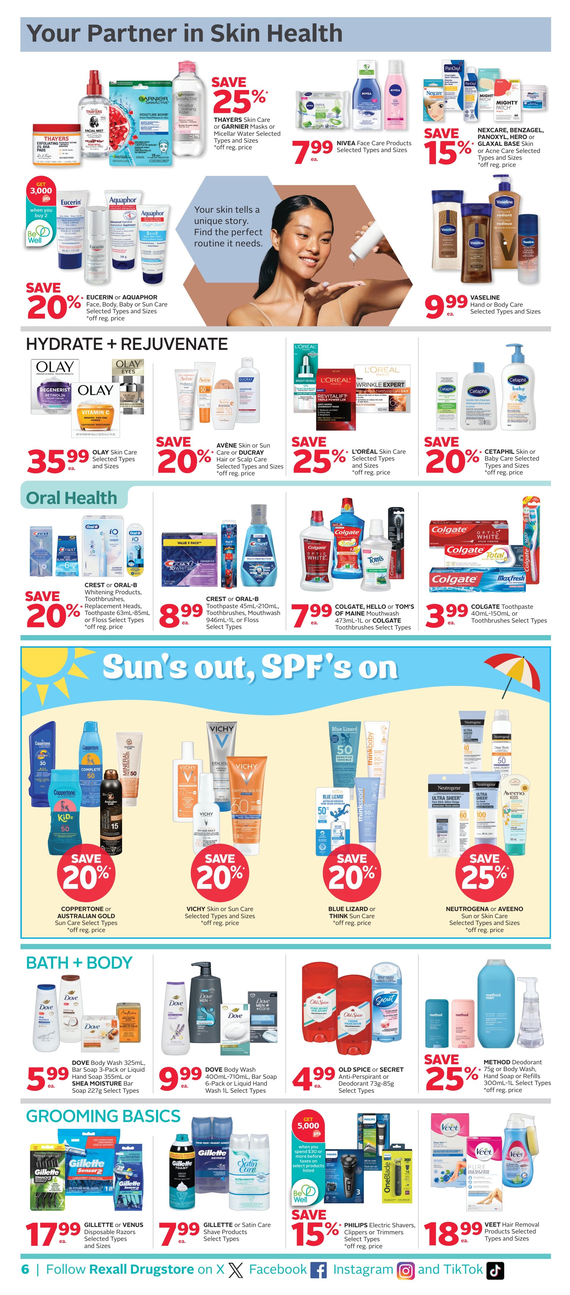 Rexall flyer page 12 features a wide range of personal care products. In the 'Your Partner in Skin Health' section, save 25% on THAYERS Skin Care or GARNIER Masks or Micellar Water, and NIVEA Face Care Products for $7.99 each. Save 15% on NEXCARE, BAND-AID, GLAXAL BASE Skin or Acne Care. Eucerin or Aquaphor products are on sale with a 'Get 3,000 Be Well points when you buy 2' offer. Save 20% on OLAY Skin Care, AVÈNE Skin or Sun Care, L'ORÉAL Skin Care, and CETAPHIL Skin or Baby Care. In 'Hydrate + Rejuvenate', OLAY Skin Care is $35.99. In 'Oral Health', save 20% on CREST or ORAL-B Whitening Products, Toothpaste, Mouthwash, or Floss. CREST or ORAL-B Toothpaste, Mouthwash, or Floss are $8.99. COLGATE, HELLO or TOM'S OF MAINE Mouthwash or Toothbrushes are $7.99. COLGATE Toothpaste is $3.99. The 'Sun's out, SPF's on' section offers 20% off COPPERTONE or AUSTRALIAN GOLD Sun Care, VICHY Skin or Sun Care, and BLUE LIZARD or THINK Sun Care. Save 25% on NEUTROGENA or AVEENO Sun or Skin Care. In 'Bath + Body', Dove Body Wash is $5.99, Dove Body Wash or Bar Soap is $9.99, and OLD SPICE or SECRET Anti-Perspirant or Deodorant is $4.99. METHOD Deodorant or Hand Soap is 25% off. In 'Grooming Basics', GILLETTE or VENUS Disposable Razors are $17.99, GILLETTE or Satin Care Shave Products are $7.99. Save 15% on PHILIPS Electric Shavers, Clippers or Trimmers. VEET Hair Removal Products are $18.99. Follow Rexall Drugstore on X, Facebook, Instagram and TikTok.