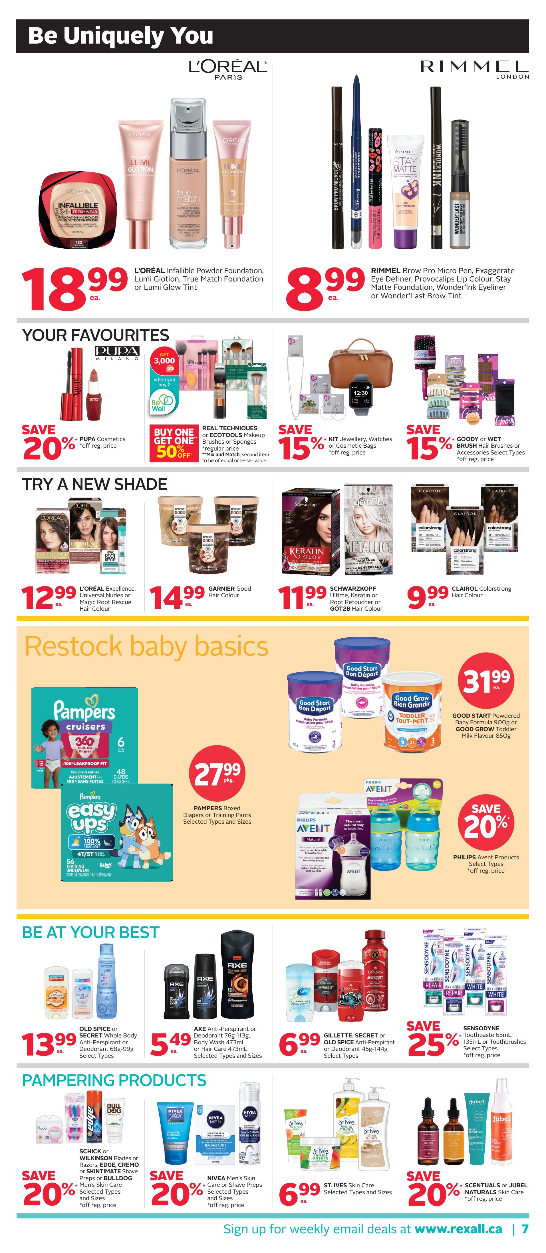 Rexall flyer page 14 featuring beauty and personal care products. Top section showcases L'Oréal Infallible Powder Foundation, Lumi True Match Foundation, or Lumi Glow Tint for $18.99 each, and RIMMEL Brow Pro Micro Pen, Exaggerate Eye Definer, Provocalips Lip Colour, Stay Matte Foundation, Wonder'Ink Eyeliner, or WonderLast Brow Tint for $8.99 each. Your Favourites section includes PUPA Cosmetics with 20% off, Real Techniques or ECOTOOLS Makeup Brushes or Sponges Buy One Get One 50% off, and KIT Jewellery, Watches or Cosmetic Bags with 15% off. Also featured are GOODY or WET BRUSH Hair Accessories with 15% off. Try a New Shade section offers L'ORÉAL Excellence, Universal Nudes or Magic Root Rescue Hair Colour for $12.99 each, GARNIER Good Hair Colour for $14.99 each, SCHWARZKOPF Ultíme, Keratin or Root Retoucher or GÖT2B Hair Colour for $11.99 each, and CLAIROL Colorstrong Hair Colour for $9.99 each. Restock Baby Basics includes PAMPERS Boxed Diapers or Training Pants for $27.99 per package, GOOD START Powdered Baby Formula 900g or GOOD GROW Toddler Milk Flavour 850g for $31.99 each, and PHILIPS Avent Products with 20% off. Be At Your Best section features OLD SPICE or SECRET Whole Body Deodorant 68g-99g for $13.99 each, AXE Anti-Perspirant or Deodorant 76g-113g, Body Wash 473mL or Hair Care 473mL for $5.49 each, and GILLETTE, SECRET or OLD SPICE Deodorant 45g-144g for $6.99 each. Also, SENSODYNE Toothpaste 65mL-135mL or Toothbrushes with 25% off. Pampering Products include SCHICK Blades or Razors, EDGE, CREMO or SKINTIMATE Shave Preps or BULLDOG Men's Skin Care with 20% off, NIVEA Men's Skin Care or Shave Preps with 20% off, and ST. IVES Skin Care for $6.99 each. Finally, SCENTUALS or JUBEL NATURALS Skin Care with 20% off.