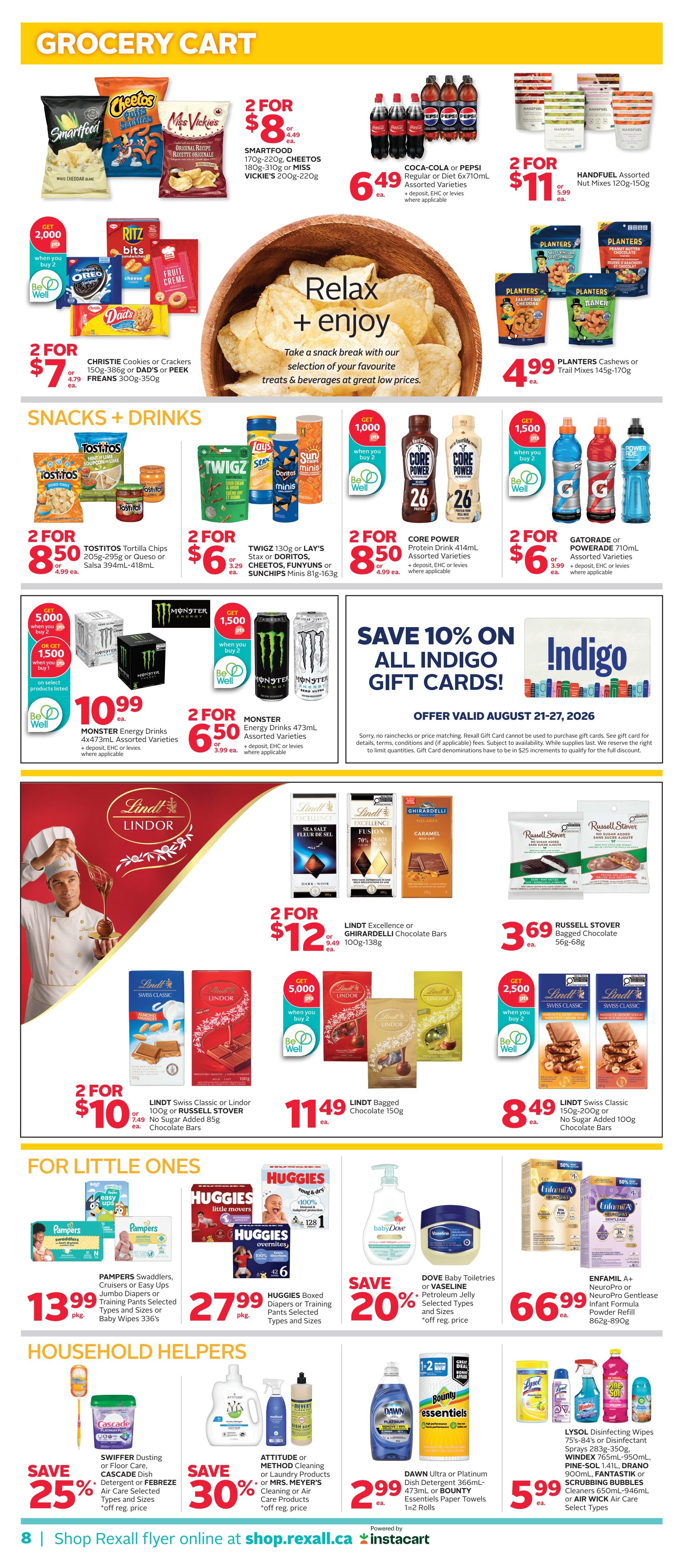 Rexall flyer page 15 features a grocery cart section with snacks and drinks. Offers include Smartfood, Cheetos, Miss Vickie's chips for 2 for $8, and Coca-Cola or Pepsi for $6.49 each. Handful Assorted Nut Mixes are 2 for $11. Planters Cashews or Trail Mixes are $4.99. Christie Cookies or Crackers, Dad's or Peek Freans are 2 for $7. Tostitos Tortilla Chips are 2 for $8.50. Twigz, Lay's Stax, Doritos, Funyuns, or SunChips are 2 for $6. Core Power Protein Drink is 2 for $8.50. Gatorade or Powerade is 2 for $6. Monster Energy Drinks are $10.99 for 4x473mL or 2 for $6.50 for 473mL. Save 10% on all Indigo Gift Cards, offer valid August 21-27, 2026. Lindt Excellence or Ghirardelli Chocolate Bars are 2 for $12. Russell Stover Bagged Chocolate is $3.69. Lindt Bagged Chocolate is $11.49. Lindt Swiss Classic or Lindor Chocolate Bars are 2 for $10. Lindt Swiss Classic or No Sugar Added Chocolate Bars are $8.49. For Little Ones, Pampers Swaddlers or Cruisers or Easy Ups are $13.99 per pkg. Huggies Boxed Diapers or Training Pants are $27.99 per pkg. Save 20% on Dove Baby Toiletries or Vaseline Petroleum Jelly. Enfamil A+ NeuroPro or NeuroPro Gentlease Infant Formula Powder Refill is $66.99. Household Helpers include Cascade Dish Detergent or Febreze Air Care for 25% off reg. price. Attitude or Method Cleaning or Laundry Products or First Mate's Cleaning or Air Care Products are 30% off reg. price. Dawn Ultra or Platinum Dish Detergent or Bountiful Essentials Paper Towels are $2.99. Lysol Disinfecting Wipes, Windex, Pine-Sol, or Fantastik or Scrubbing Bubbles are $5.99.