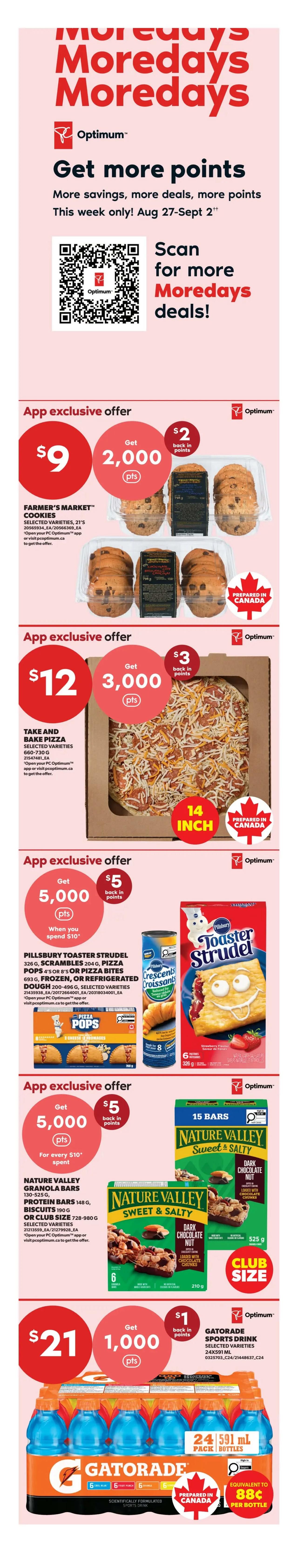 Real Canadian Superstore flyer page 2 features a 'Fresh Promise' slogan. On sale are Green or Red Seedless Grapes for $1.99/lb, saving 50%. Cantaloupe is also 50% off at $1.99 each. A hot deal offers a bag of 5 avocados for $2.77. PC Chopped Salad Kits, selected varieties, are on sale for $3.99, with savings up to 43%. Another hot deal is a case of Roma Tomatoes for $8.88, approximately 25 lbs, product of Ontario.