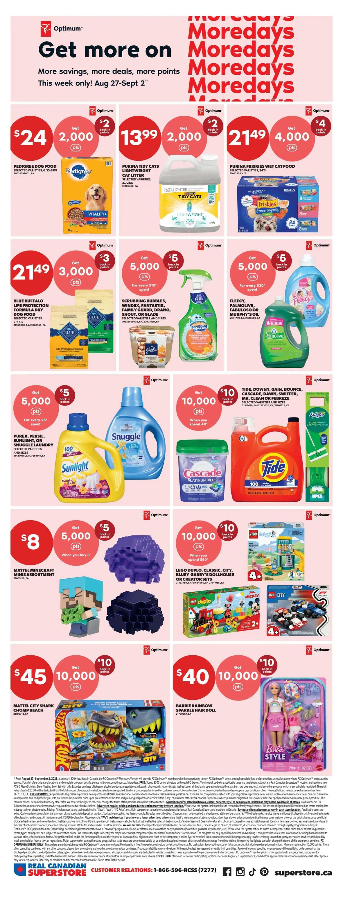 Real Canadian Superstore flyer page 11 featuring 'Get more on Moredays' with savings, deals, and Optimum points. Offers include Pedigree Dog Food for $24 with 2,000 bonus points, Purina Tidy Cats Lightweight Cat Litter for $13.99 with 2,000 bonus points, and Purina Friskies Wet Cat Food (24 cans) for $21.49 with 4,000 bonus points. Also featured are Blue Buffalo Life Protection Formula Dry Dog Food for $21.49 with 3,000 bonus points, and Scrubbing Bubbles, Windex, Fantastik, Fabuloso, or Glade cleaning products with a $5 bonus points offer for every $15 spent. Laundry deals include Sunlight Liquid Laundry Detergent, Snuggle Fabric Softener, and Cascade Platinum Plus Dishwasher Detergent with a $5 bonus points offer for every $25 spent on Purex, Persil, Sunlight, or Snuggle laundry. Mattel Minecraft Minis Assortment is $8 when you buy 3, with 5,000 bonus points. LEGO Duplo Classic, City, or Creator sets are available with a $10 bonus points offer when you spend $50. Mattel City Shark Chomp Beach is $45 with 10,000 bonus points. Barbie Rainbow Sparkle Hair Doll is $40 with 10,000 bonus points. The flyer is valid from August 27 to September 2.