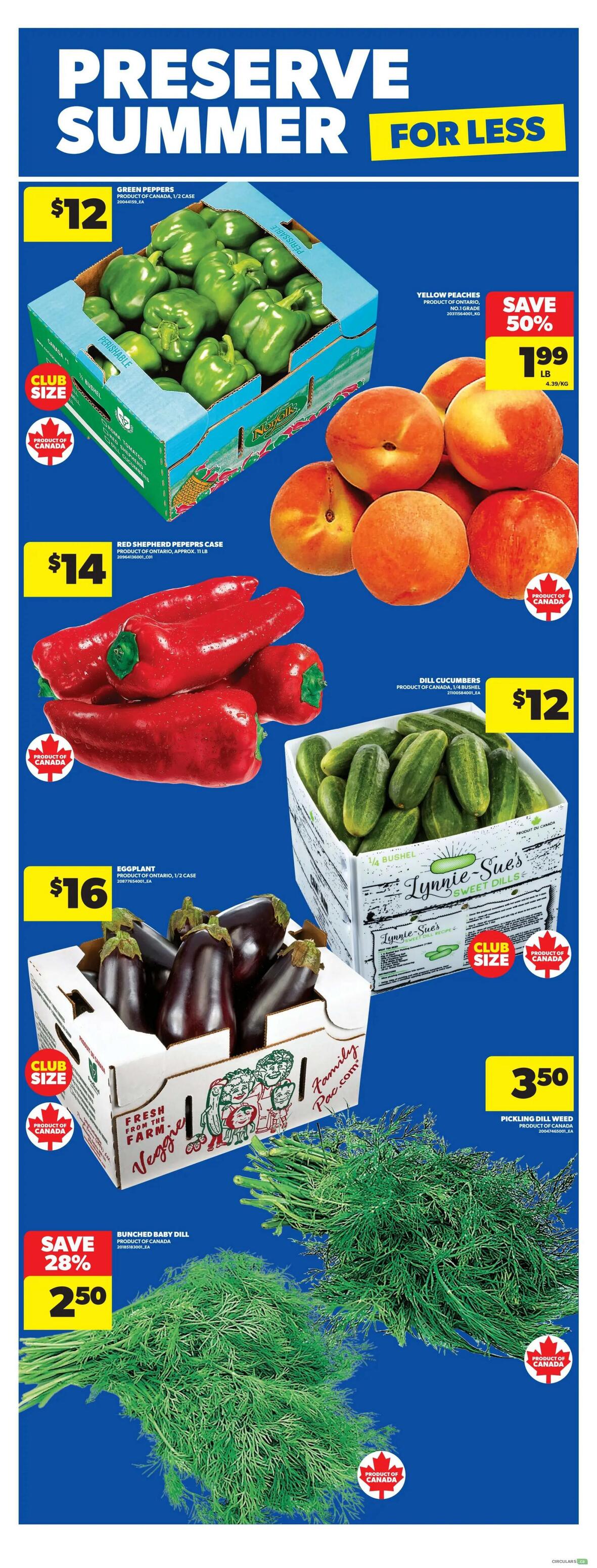 Real Canadian Superstore flyer page 20 features 'Preserve Summer For Less' specials. Offers include Green Peppers for $12, Red Shepherd Peppers case for $14, and Eggplant for $16, all products of Canada. Yellow Peaches are on sale for $1.99 lb, saving 50%. Dill Cucumbers are $12 per 1/4 bushel. Bunched Baby Dill is on special for $2.50, saving 28%. Pickling Dill Weed is $3.50.