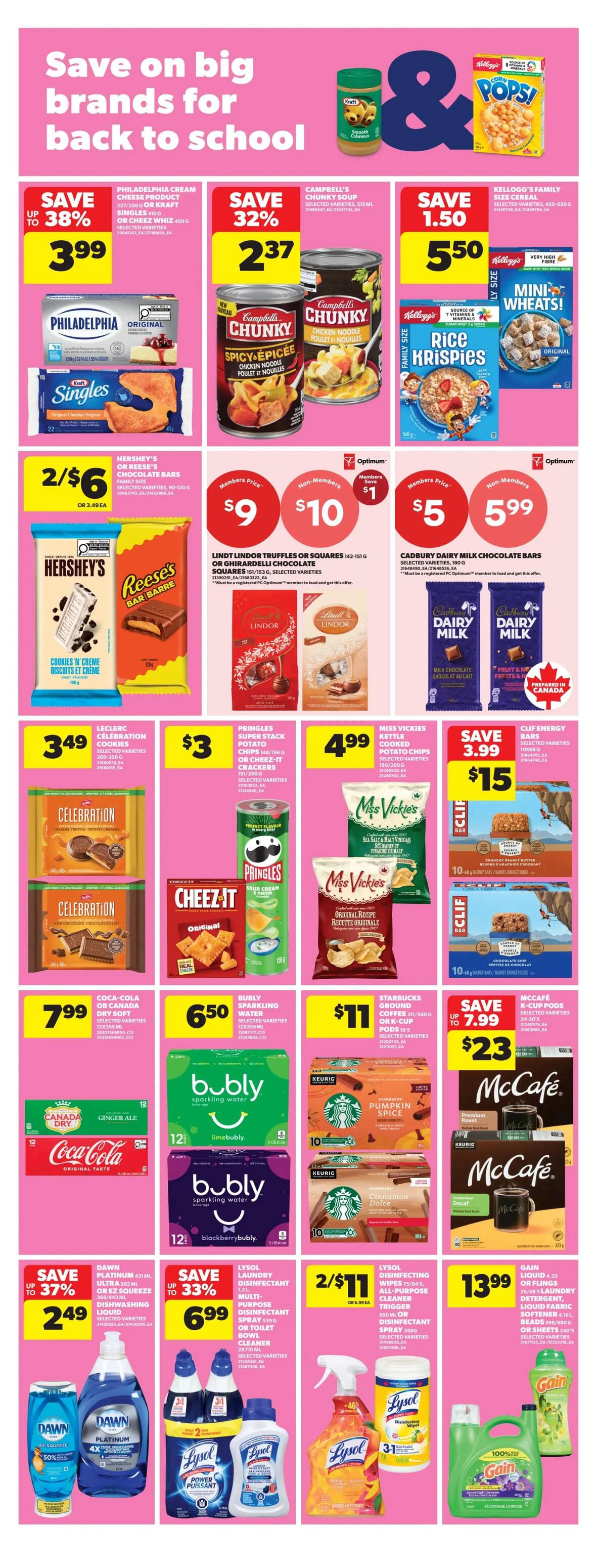 Real Canadian Superstore Ontario flyer page 25, featuring back-to-school savings. Save up to 38% on Philadelphia Cream Cheese or Kraft Singles for $3.99. Campbell's Chunky Soup is on sale for $2.37, saving 32%. Kellogg's Family Size Cereal, including Rice Krispies and Mini-Wheats, is $5.50. Hershey's or Reese's Chocolate Bars are 2 for $6, or $3.49 each. Lindt Lindor Truffles or Ghirardelli Chocolate Squares are $9 for members or $10 for non-members. Cadbury Dairy Milk Chocolate Bars are $5.99 for non-members. Leclerc Celebration Cookies are $3.49. Pringles Super Stack Potato Chips or Cheez-It Crackers are $3. Miss Vickie's Kettle Cooked Potato Chips are $4.99. Clif Energy Bars are 2 for $15. Coca-Cola or Canada Dry Soft Drinks are $7.99. Bubly Sparkling Water is $6.50. Starbucks Ground Coffee or K-Cup Pods are $11. McCafe K-Cup Pods are on sale for $23, saving up to $7.99. Dawn Platinum or EZ Squeeze Dishwashing Liquid is up to 37% off at $2.49. Lysol Laundry Disinfectant or Multi-Purpose Disinfectant Spray is up to 33% off at $6.99. Lysol Disinfecting Wipes or All-Purpose Cleaner Trigger are 2 for $11. Gain Laundry Detergent, Liquid Fabric Softener, or Sheets are $13.99.