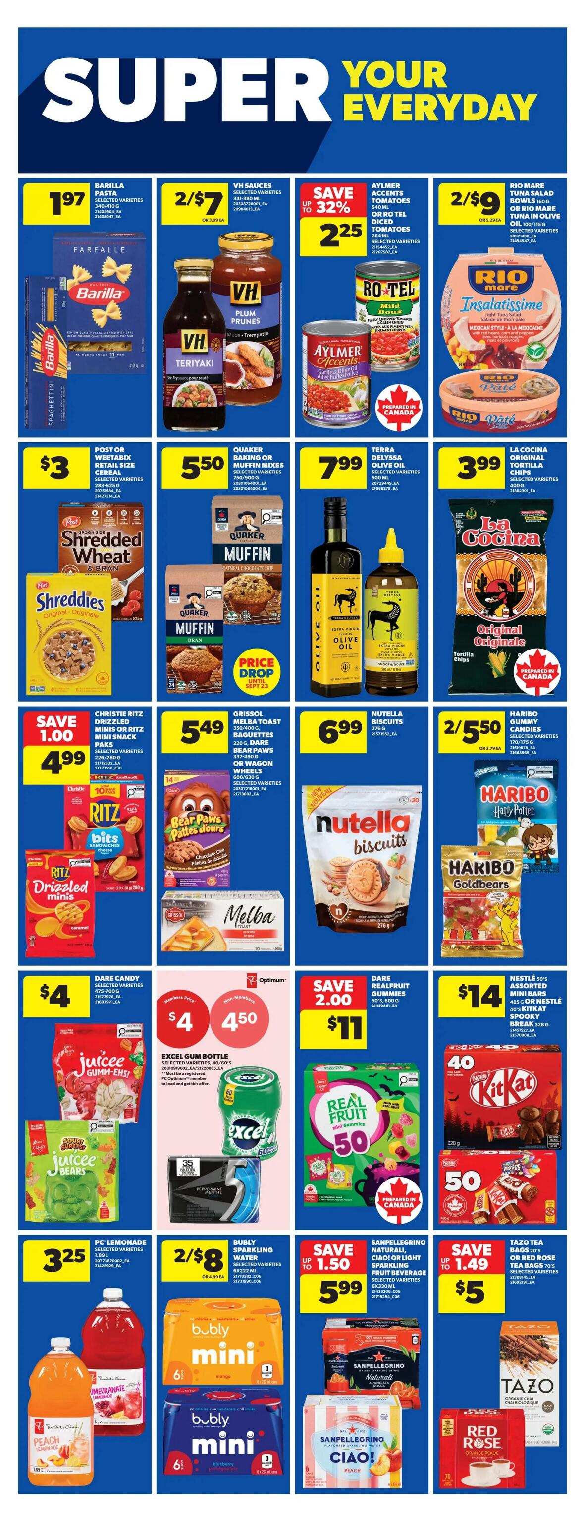 Real Canadian Superstore Ontario flyer page 28 features a variety of grocery items. Top row includes Barilla pasta for $1.97, VH sauces for 2/$7, Aylmer or Rotel diced tomatoes with savings up to 32% off at $2.25, and Rio Mare tuna salad for 2/$9. Middle row showcases Post Shredded Wheat or Weetabix cereal for $3, Quaker muffin mixes for $5.50, Terra Delyssa olive oil for $7.99, and La Cocina tortilla chips for $3.99. The bottom row highlights Christie Ritz Drizzled minis for $4.99, Grissol Melba toast or Dare bear paws cookies for $5.49, Nutella biscuits for $6.99, and Haribo gummy candies for 2/$5.50. Additional items include Dare candy for $4, Excel gum bottle for $4.50 (non-members), Dare Realfruit gummies for $11 (save $2.00), and Nestle 50's assorted mini bars or Kit Kat bars for $14. Also featured are PC Lemonade for $3.25, Bubly sparkling water for 2/$8, Sanpellegrino sparkling fruit beverage for $5.99 (save up to $1.50), and Tazo tea bags or Red Rose tea bags for $5 (save up to $1.49).
