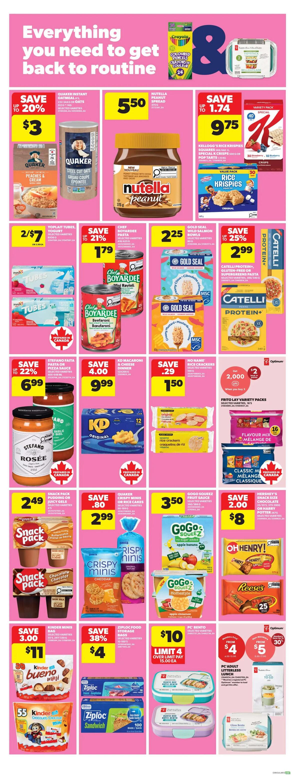 Real Canadian Superstore Ontario flyer page 30, featuring 'Everything you need to get back to routine'. Sale items include Quaker Instant Oatmeal, save up to 20% for $3; Nutella Peanut Spread for $5.50; Kellogg's Rice Krispies Squares and Pop Tarts, save up to $1.74 for $0.97; Yoplait Tubes Yogurt, 2 for $7; Chef Boyardee Pasta, save up to 21% for $1.79; Gold Seal Wild Salmon Bowls for $2.25; Catelli Protein+ Pasta, save up to 25% for $2.99. Also featured are Stefano Faita Rosée Pasta Sauce, save up to 22% for $6.99; KD Macaroni & Cheese Dinner, save $4.00 for $9.99; No Name Rice Crackers, save $0.29 for $1.50; Frito Lay Variety Packs for $2.00; Quaker Crispy Minis or Rice Cakes, save $0.80 for $2.99; GoGo Squeez Fruit Snacks for $3.50; Hershey's Snack Size Chocolate or Harry Potter, save $2.00 for $8. Additional offers include Kinder Minis Bag, save $3.00 for $11; Ziploc Food Storage Bags, save 38% for $4; PC Bento Adult Litterless Lunch containers for $10 (limit 4, over limit pay $15.00); and PC Glass Bento containers starting at $4 for members and $5 for non-members, save up to 30%.