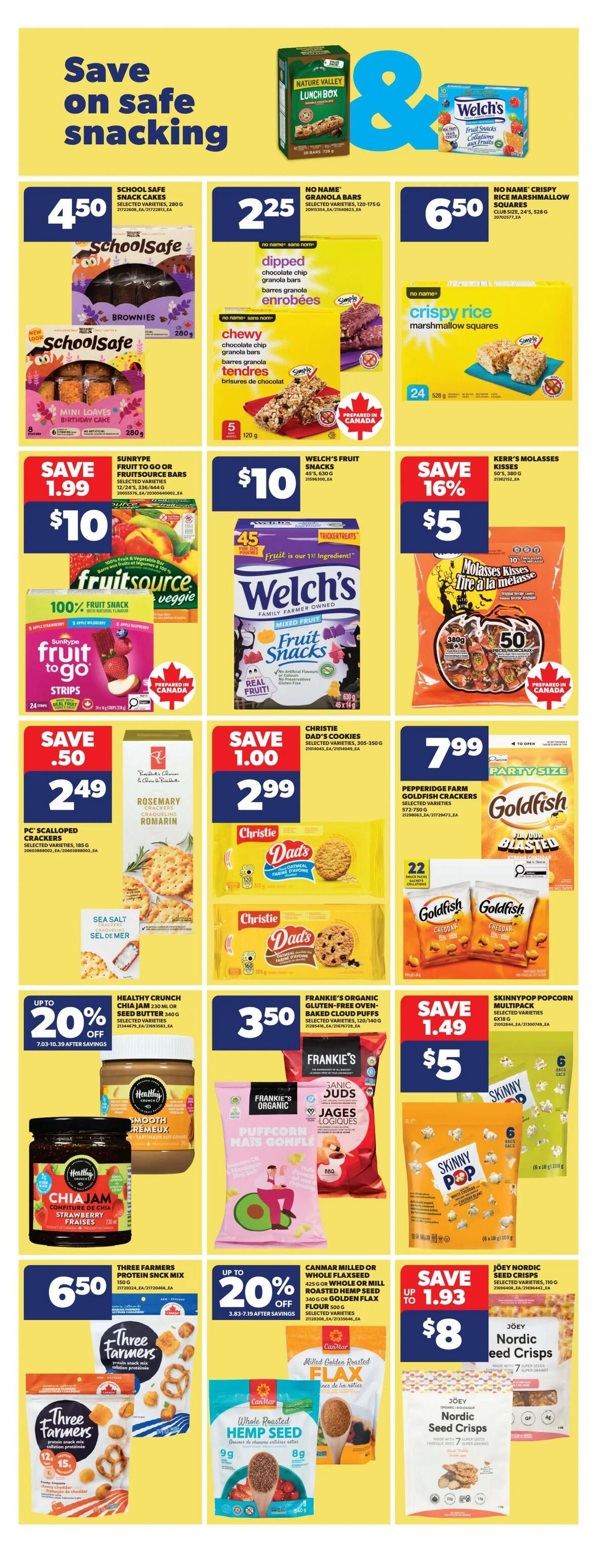 Real Canadian Superstore flyer page 31 features a 'Save on safe snacking' theme. Deals include School Safe snack cakes for $4.50, No Name granola bars for $2.25, and No Name crispy rice marshmallow squares for $6.50. Also featured are Sunrype Fruit to Go or Fruitsource bars for $10, Welch's Fruit Snacks for $10, and Kerr's Molasses Kisses for $5 with a 16% saving. Christie Dad's Cookies are on sale for $2.99. Healthy Crunch Chia Jam or Seed Butter is up to 20% off. Frankie's Organic Gluten-Free Oven-Baked Cloud Puffs are $3.50. SkinnyPop Popcorn multipack is $5, saving $1.49. Three Farmers Protein Snack Mix is $6.50. Canmar Milled or Whole Flaxseed, Roasted Hemp Seed, or Golden Flax Flour is up to 20% off. Joey Nordic Seed Crisps are $8, saving up to $1.93.