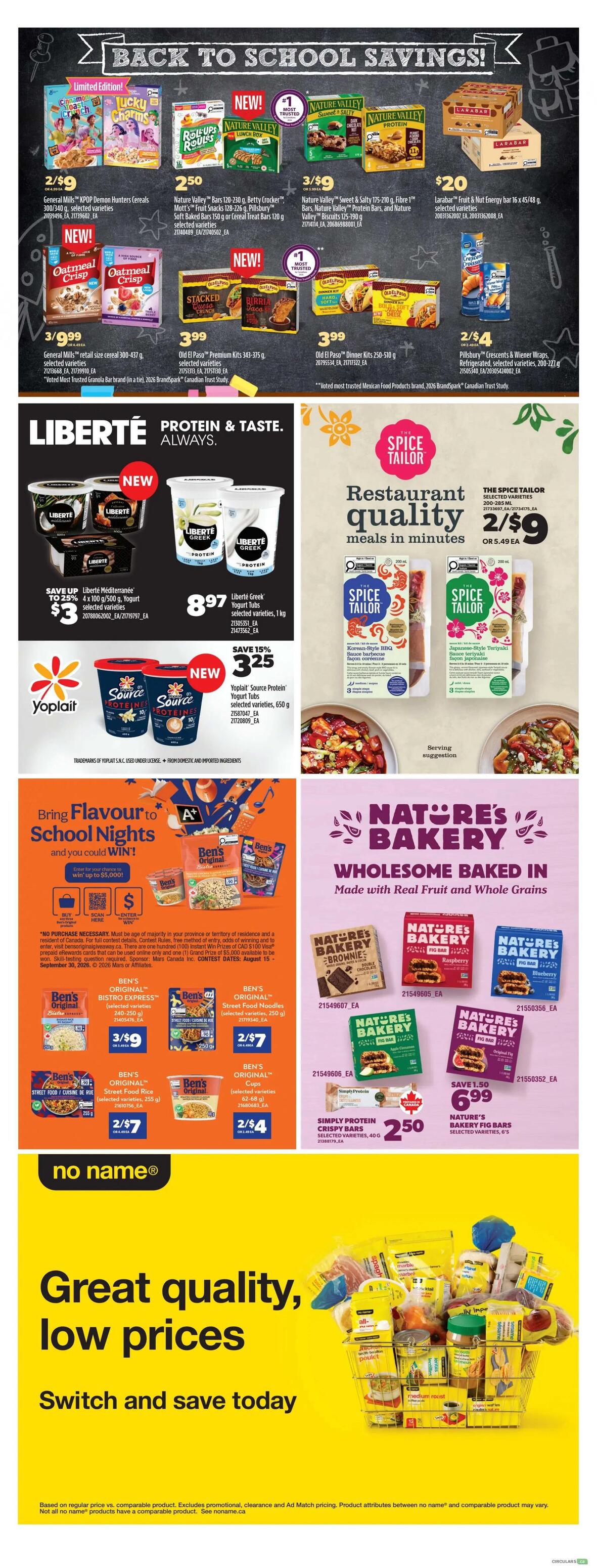 Real Canadian Superstore Ontario flyer page 40, featuring Back to School Savings. Offers include General Mills KPop Demon Hunters Cereals 2/$9, Betty Crocker Mutt's Fruit Snacks 2.50, Nature Valley Sweet & Salty Bars and Protein Bars 3/$9, and Larabar Fruit & Nut Bars 16 pack for $20. Also available are Oatmeal Crisp Cereal 3/$9, Old El Paso Premium Kits 3.99, and Pillsbury Crescents & Wiener Wraps 2/$4. The flyer highlights Liberté Protein & Taste yogurt with Mediterranean tubs save 25% for $3 and Greek yogurt tubs 1kg for $8.97. Yoplait Source Protein yogurt tubs 650g are on sale for 3.25, saving 15%. Spice Tailor restaurant quality meals in minutes are 2/$9. Ben's Original products are featured with Bistro Express 3/$9, Street Food Noodles 2/$7, Street Food Rice 2/$7, and Cups 2/$4. Nature's Bakery offers wholesome baked goods including Brownies, Raspberry Fig Bars, and Blueberry Fig Bars. Simply Protein Crispy Bars are 2.50. The bottom section promotes 'no name' brand with 'Great quality, low prices. Switch and save today.