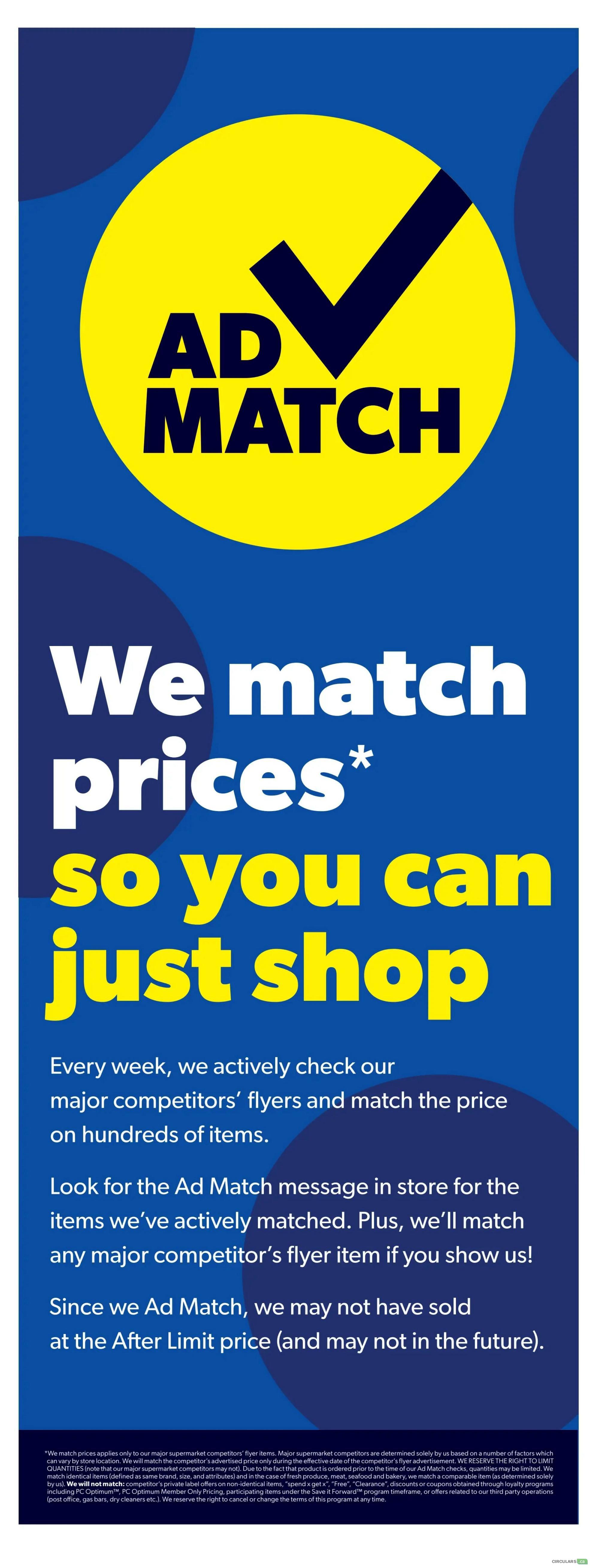 Real Canadian Superstore flyer page 5, featuring the 'Ad Match' program. The page highlights that they match competitor prices so customers can shop with confidence. It explains that they actively check major competitors' flyers weekly and match prices on hundreds of items. Customers are encouraged to look for the 'Ad Match' message in-store and can get a competitor's flyer item matched if they show the flyer. The page also includes a disclaimer about potential stock limitations and program terms. The overall message is about price matching to provide a convenient shopping experience.
