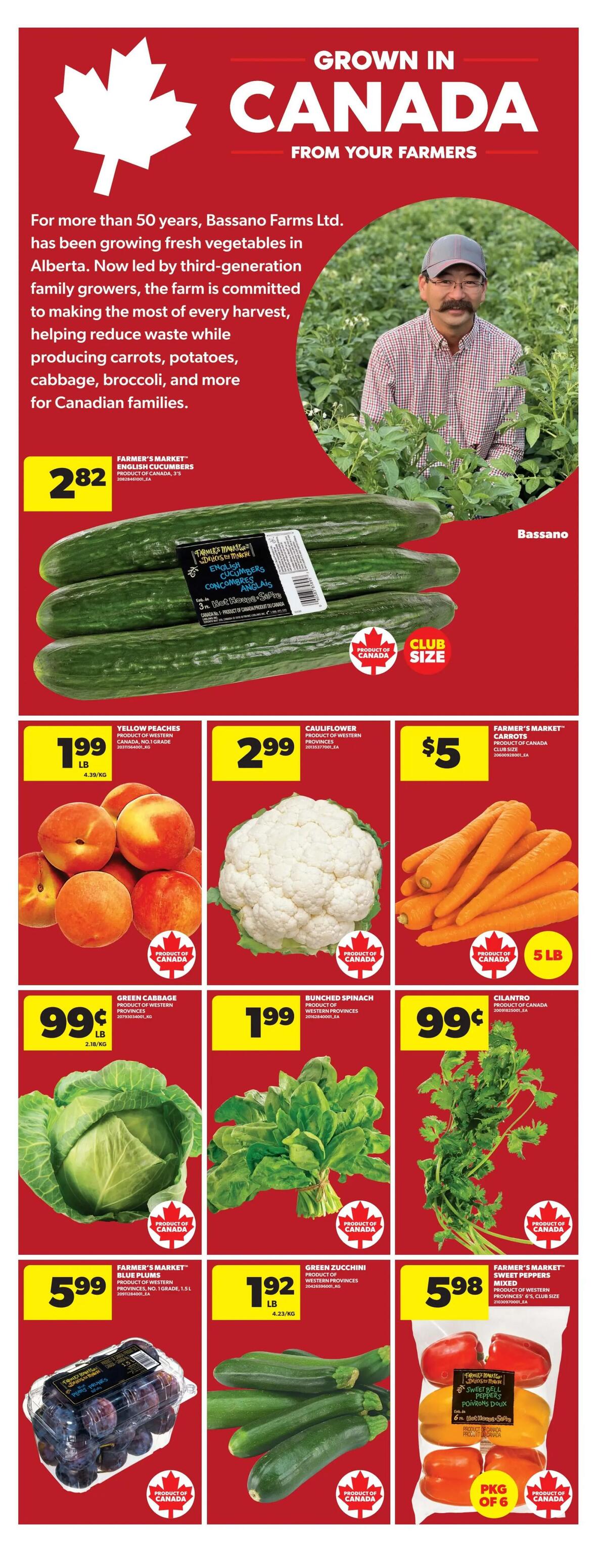 Real Canadian Superstore weekly flyer specials page 19, featuring 'Grown in Canada From Your Farmers'. Highlights include Farmer's Market English Cucumbers for $2.82, Yellow Peaches for $1.99 per lb, Cauliflower for $2.99, and Farmer's Market Carrots for $5 for a 5 lb bag. Also featured are Green Cabbage for $0.99 per lb, Bunched Spinach for $1.99, and Cilantro for $0.99. Additional produce includes Farmer's Market Blue Plums for $5.99 per 1.5L container, Green Zucchini for $1.92 per lb, and Farmer's Market Mixed Sweet Peppers for $5.98 per package of 6. All featured produce is a product of Canada.