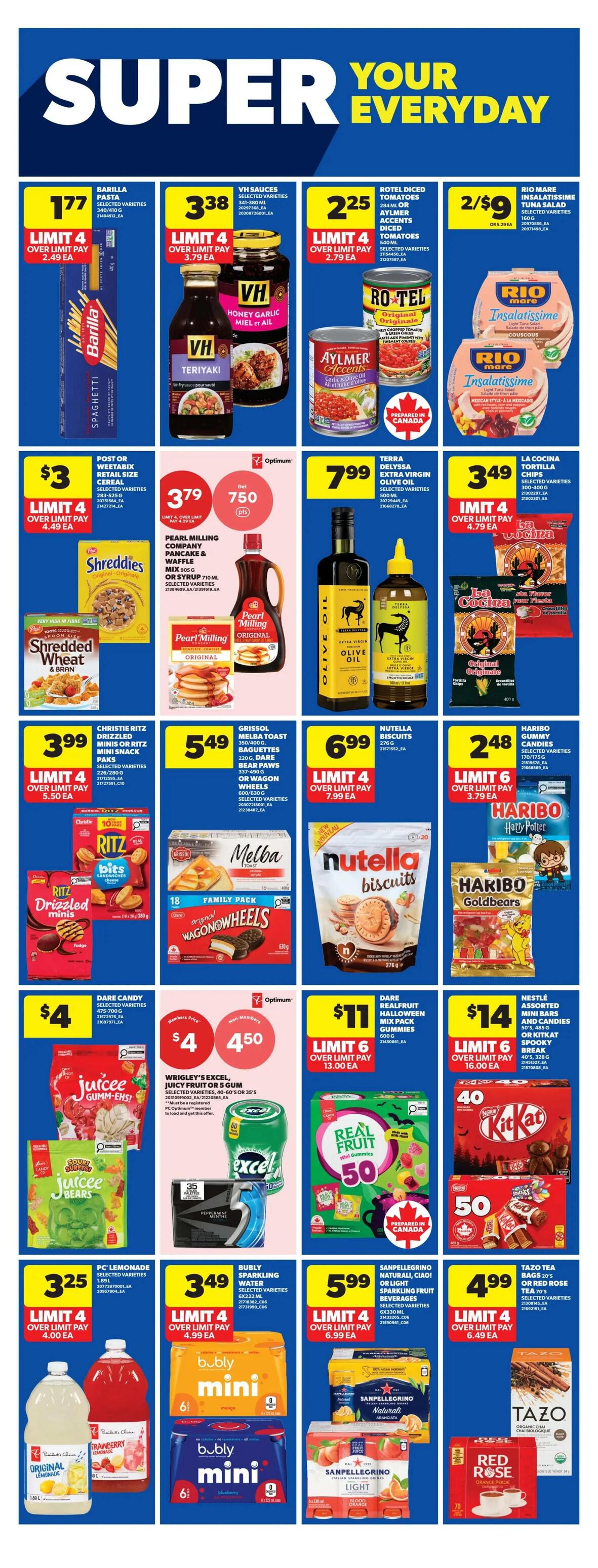 Real Canadian Superstore weekly flyer specials for Western Canada. Page 29 features a variety of grocery items. Barilla pasta is on sale for $1.77 each, limit 4. VH Sauces in Honey Garlic and Teriyaki varieties are $3.38 each, limit 4. Rotel Diced Tomatoes and Aylmer Accents Diced Tomatoes are $2.25 each, limit 4. Rio Mare Insalatissime Tuna Salad with Couscous is 2 for $9. Shreddies Original and Shredded Wheat & Bran cereals are $3 each, limit 4. Pearl Milling Company Pancake & Waffle Mix or Syrup is $3.79 with 750 Optimum Points, limit 4. Terra Delyssa Extra Virgin Olive Oil is $7.99. La Cocina Tortilla Chips are $3.49, limit 4. Christie Ritz Drizzled Minis Snack Paks are $3.99, limit 4. Grissol Melba Toast, Baguettes, Dare Bear Paws, or Wagon Wheels are $5.49. Nutella Biscuits are $6.99, limit 4. Haribo Gummy Candies are $2.48, limit 6. Dare Candy selected varieties are $4. Wrigley's Excel Juicy Fruit or 5 Gum is $4.50. Dare Realfruit Halloween Pack Gummies are $11, limit 6. Nestle Assorted Mini Bars and Candies, or Kit Kat Spooky Break are $14, limit 6. Real Fruit Mini Gummies are $0.59. PC Lemonade and PC Strawberry Lemonade are $3.25, limit 4. Bubly Sparkling Water in Mango and Blueberry flavours are $3.49, limit 4. Sanpellegrino Naturalli Sparkling Fruit Beverages in Blood Orange and Lemon flavours are $5.99, limit 4. Tazo Tea Bags in Organic Chai or Red Rose are $4.99, limit 4.