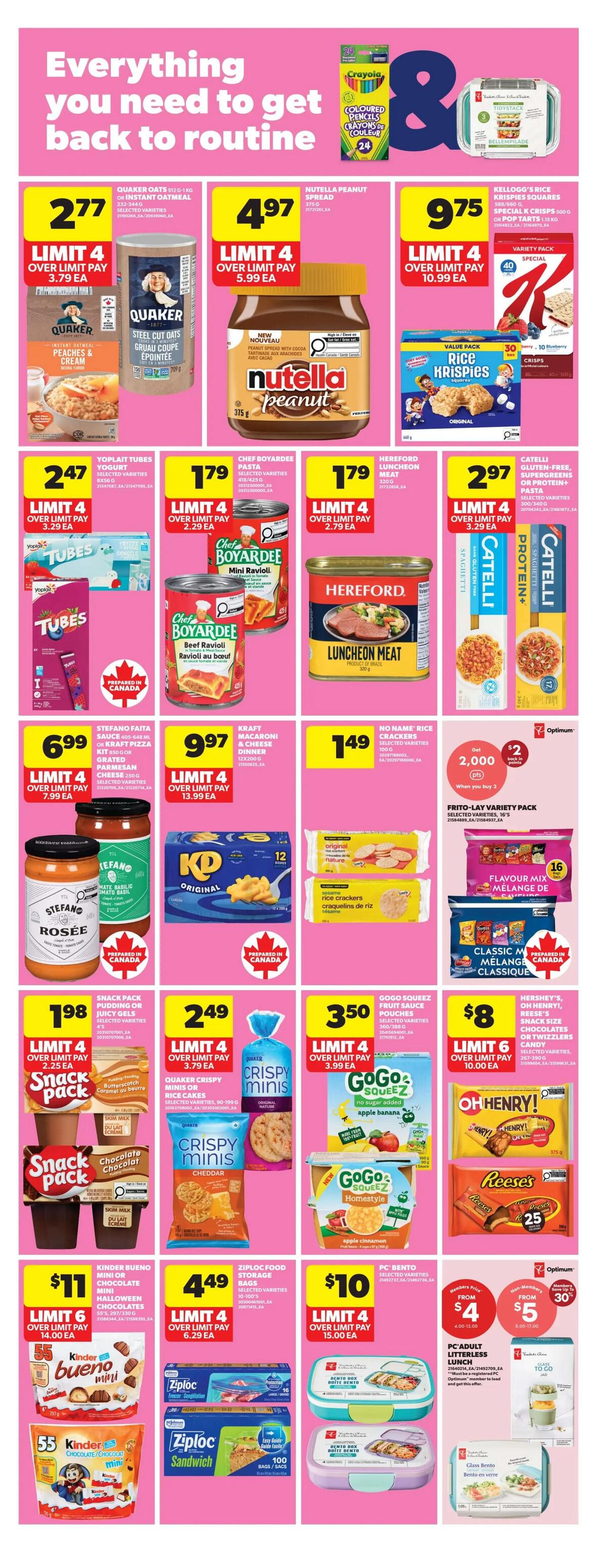 Real Canadian Superstore weekly flyer specials page 31 features back-to-routine essentials. Highlighted items include Quaker Oats at $2.77 (limit 4), Nutella Peanut Spread at $4.97 (limit 4), and Kellogg's Rice Krispies Squares or Special K Crisps variety packs for $9.75 (limit 4). Also featured are Yoplait Tubes Yogurt for $2.47 (limit 4), Chef Boyardee Pasta for $1.79 (limit 4), and Hereford Luncheon Meat for $1.79 (limit 4). Catelli Gluten-Free Pasta is $2.97 (limit 4). Stefano Faita Sauce or Kraft Pizza Kit is $6.99 (limit 4), and Kraft Macaroni & Cheese Dinner is $9.97 (limit 4). No Name Rice Crackers are $1.49. Snack Pack Pudding or Jell-O is $1.98 (limit 4), Quaker Crispy Minis or Rice Cakes are $2.49 (limit 4), and GoGo Squeez Pouches are $3.50 (limit 4). Hershey's, Oh Henry!, or Reese's Snack Size Chocolates are $8 (limit 6). Kinder Bueno Mini or Chocolate Mini Halloween Chocolates are $11 (limit 6). Ziploc Food Storage Bags are $4.49 (limit 4), and PC Bento Lunch Boxes are $10 (limit 4). PC Adult Litterless Lunch items are on sale with members saving up to 30%.