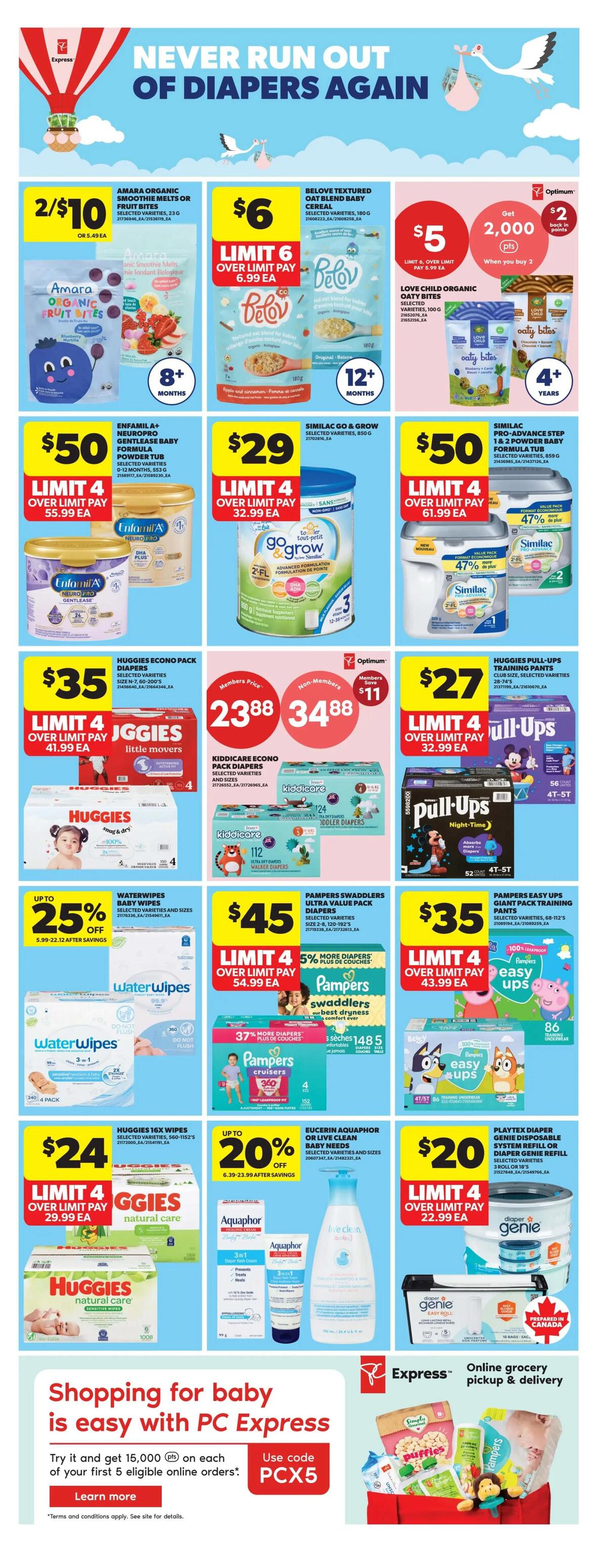 Real Canadian Superstore weekly flyer specials page 37 features a 'Never Run Out of Diapers Again' theme. Promotions include Amara Organic Smoothie Melts or Fruit Bites for 2/$10, Belove Textured Oat Blend Baby Cereal for $6, and Love Child Organic Oaty Bites for $5 with 2,000 Optimum points when you buy 2. Enfamil A+ Neuropro Gentlease Baby Formula is $50, Similac Go & Grow is $29, and Similac Pro-Advance Step 1 & 2 Powder is $50. Huggies Econo Pack Diapers are $35, and Kiddicare Econo Pack Diapers are $23.88 for members and $34.88 for non-members, saving $11. Huggies Pull-Ups Training Pants are $27. Waterwipes Baby Wipes are up to 25% off, Pampers Swaddlers Ultra Value Pack Diapers are $45, and Pampers Easy Ups Giant Pack Training Pants are $35. Huggies 16x Wipes are $24. Eucerin Aquaphor or Live Clean Baby Needs are up to 20% off. Playtex Diaper Genie is $20. The page also promotes PC Express online grocery pickup and delivery with a code PCX5 for 15,000 Optimum points on the first 5 eligible online orders.