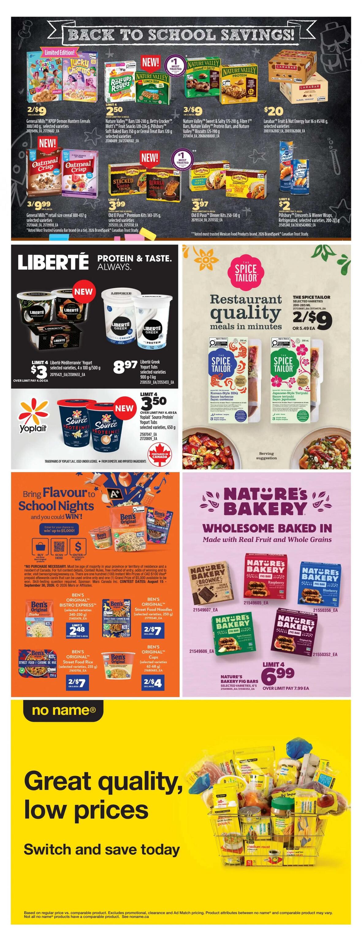 Real Canadian Superstore weekly flyer specials page 41, featuring Back to School Savings. Offers include General Mills K'POP Demon Hunters Cereals at 2 for $9, Nature Valley Bars and Biscuits 3 for $9, and Larabar Fruit & Nut bars for $20. New items include Oatmeal Crisp cereal at 3 for $9.99, Old El Paso Premium Kits 3 for $3.99, and Old El Paso Dinner Kits 3 for $3.97. Pillsbury Crescents & Wiener Wraps are $2. Liberté Mediterranean Yogurt is $3 and Liberté Greek Yogurt Tubs are $8.97. Yoplait Source Protein Yogurt Tubs are 2 for $3.50. The Spice Tailor meals are 2 for $9 or $5.49 each, with Korean-Style BBQ and Japanese-Style Teriyaki varieties shown. Ben's Original Bistro Express is 2 for $2.48, Ben's Original Street Food Noodles are 2 for $7, Ben's Original Street Food Rice is 2 for $7, and Ben's Original Cups are 2 for $4. Nature's Bakery Fig Bars are 6 for $6.99. The bottom section highlights 'no name®' brand with 'Great quality, low prices' and 'Switch and save today.