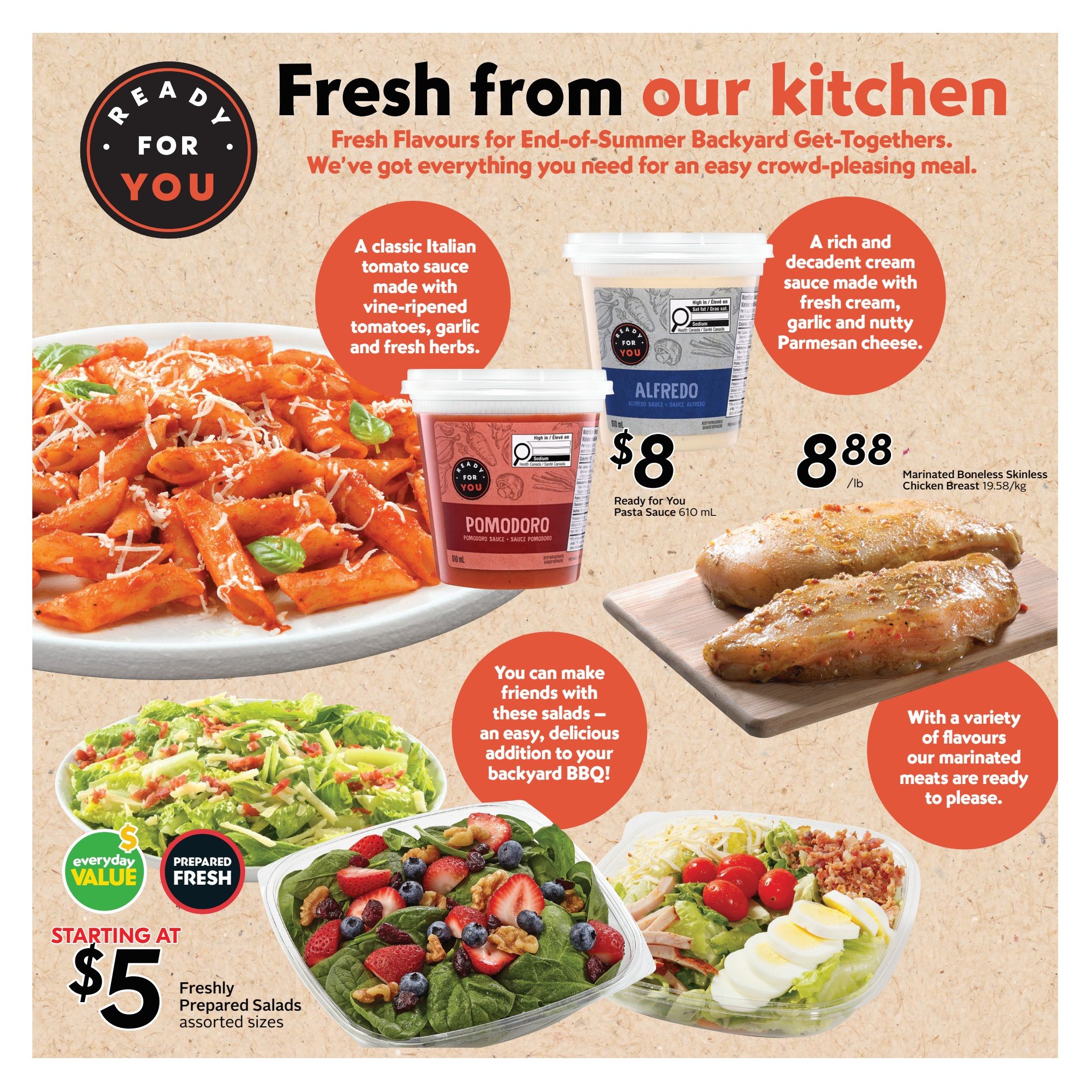 Safeway flyer page featuring 'Fresh from our kitchen' theme. Highlights include a pasta dish with tomato sauce, Ready for You Pomodoro Pasta Sauce 610 mL for $8, and Ready for You Alfredo Sauce 610 mL. Also featured are Marinated Boneless Skinless Chicken Breast at $8.88/lb (19.58/kg), and a selection of Freshly Prepared Salads starting at $5 in assorted sizes. The page emphasizes easy, delicious additions for backyard BBQs.