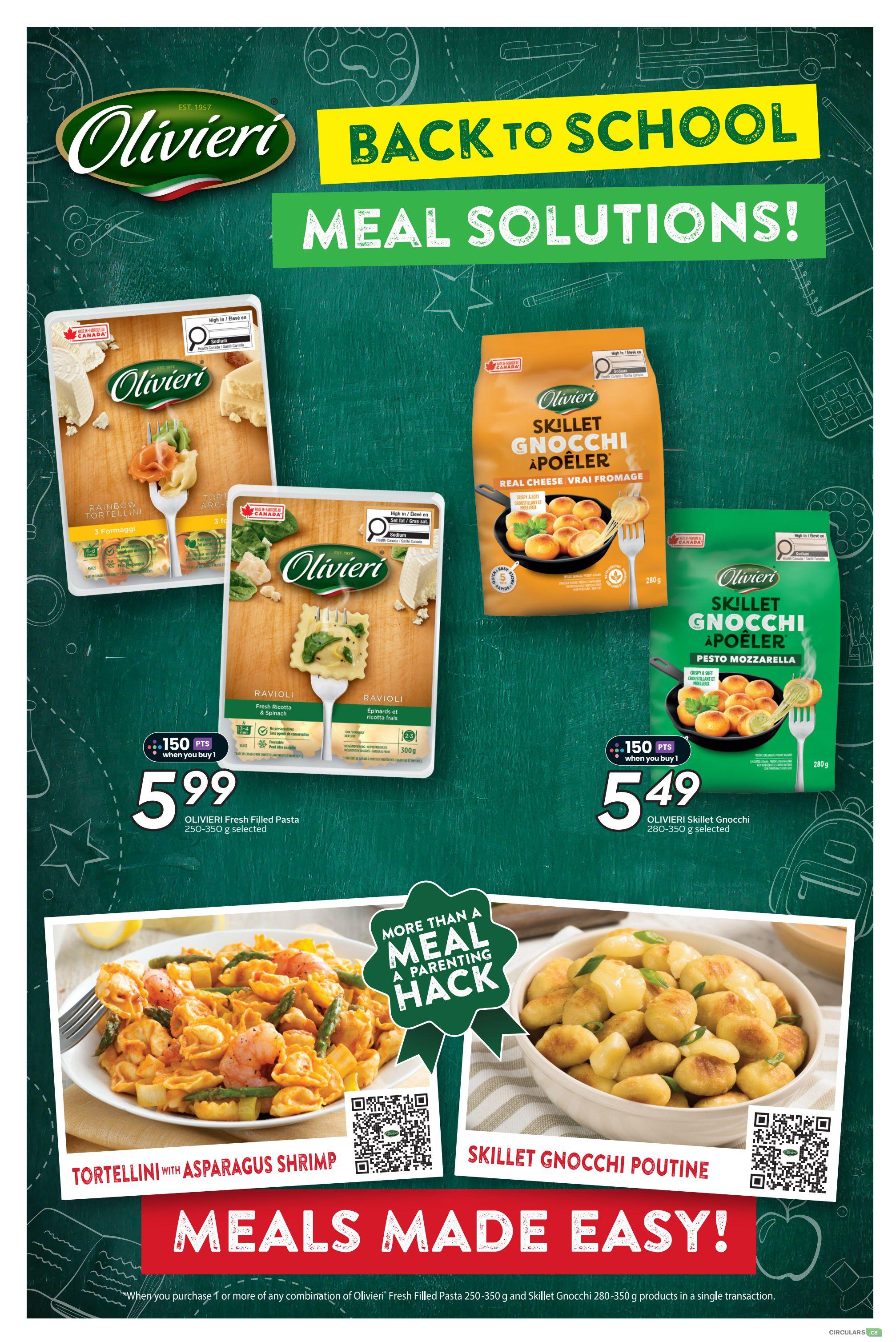 Safeway flyer page 20 featuring Olivieri Back to School Meal Solutions. Offers include Olivieri Fresh Filled Pasta 250-350 g selected for $5.99 with 150 bonus points when you buy 1, and Olivieri Skillet Gnocchi 280-350 g selected for $5.49 with 150 bonus points when you buy 1. Featured dishes are Tortellini with Asparagus Shrimp and Skillet Gnocchi Poutine. The page promotes 'Meals Made Easy!' with a special offer: when you purchase 1 or more of any combination of Olivieri Fresh Filled Pasta 250-350 g and Skillet Gnocchi 280-350 g products in a single transaction, you receive the special pricing.