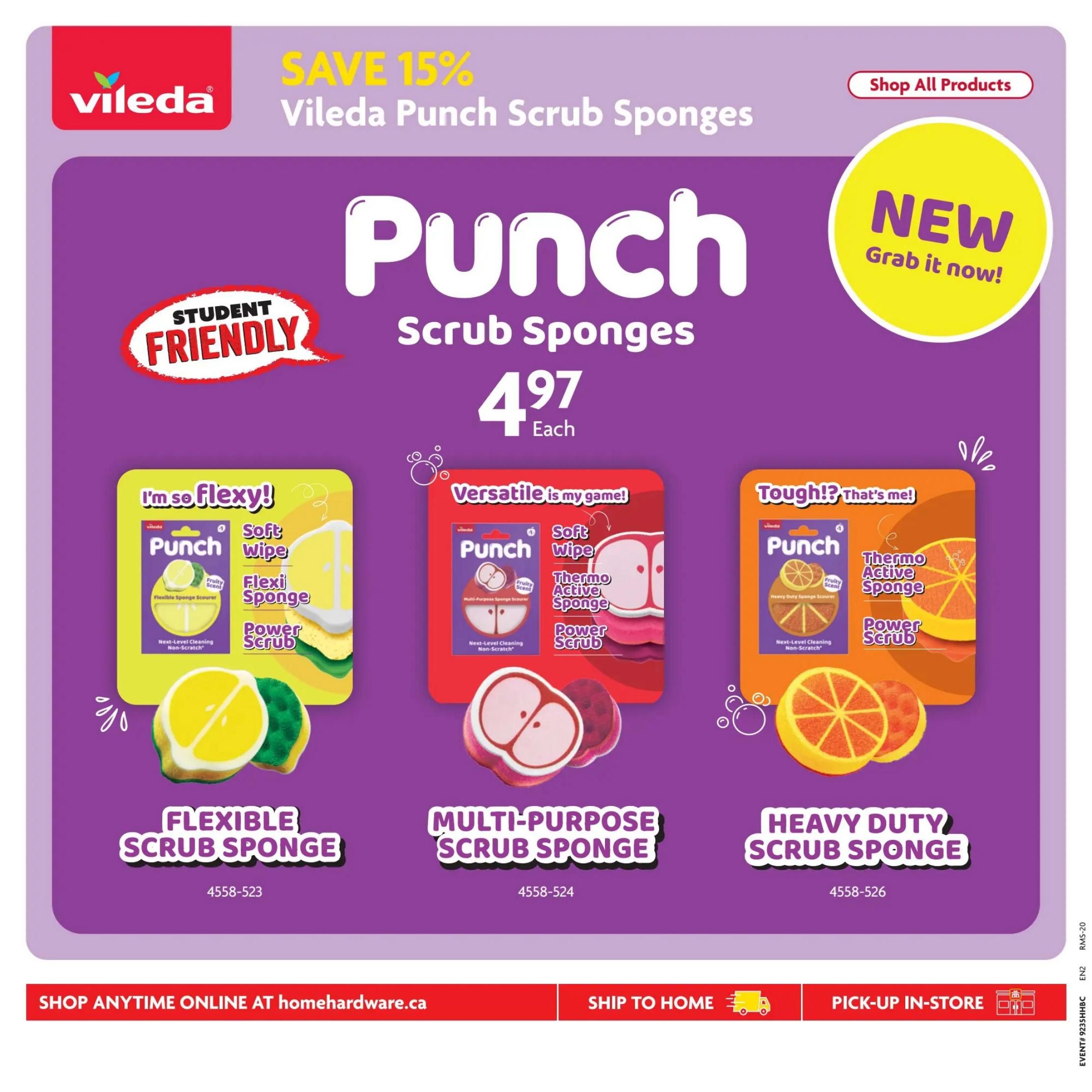 Home Hardware flyer page featuring Vileda Punch Scrub Sponges. Save 15% on these new scrub sponges, available for $4.97 each. Options include the Flexible Scrub Sponge with a fruity scent, the Multi-Purpose Scrub Sponge, and the Heavy Duty Scrub Sponge. All sponges offer next-level cleaning and non-scratch surfaces. Shop online at homehardware.ca, ship to home, or pick up in-store.