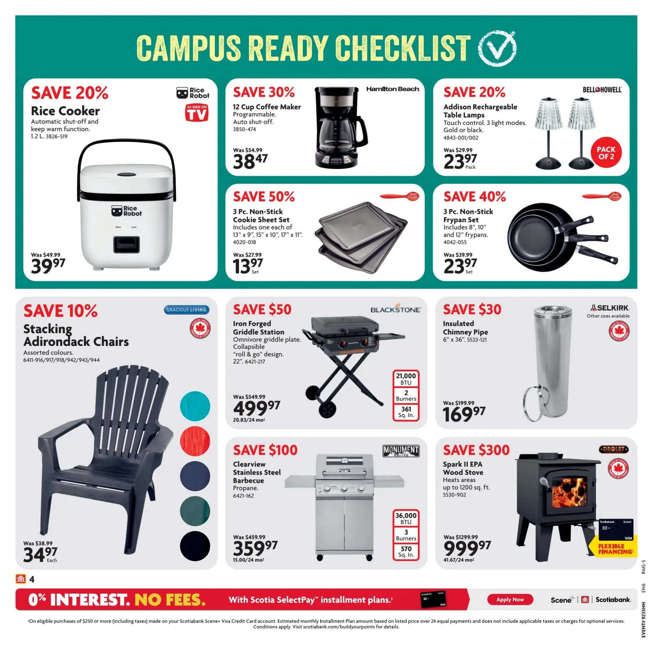 Home Hardware flyer specials page 11 features a Campus Ready Checklist. Save 20% on a Rice Robot Rice Cooker for $39.97. Save 30% on a Hamilton Beach 12 Cup Coffee Maker for $38.47. Save 20% on Addison Rechargeable Table Lamps (pack of 2) for $23.97. Save 50% on a 3 Pc. Non-Stick Cookie Sheet Set for $13.97. Save 40% on a 3 Pc. Non-Stick Frypan Set for $23.97. Save 10% on Gracious Living Stacking Adirondack Chairs for $34.97 each. Save $50 on a Blackstone Iron Forged Griddle Station for $499.97. Save $30 on a Selkirk Insulated Chimney Pipe (6' x 36') for $169.97. Save $100 on a Monument Clearview Stainless Steel Barbecue for $359.97. Save $300 on a Drolet Spark II EPA Wood Stove for $999.97. The bottom of the page highlights 0% interest, no fees with Scotiabank SelectPay installment plans.