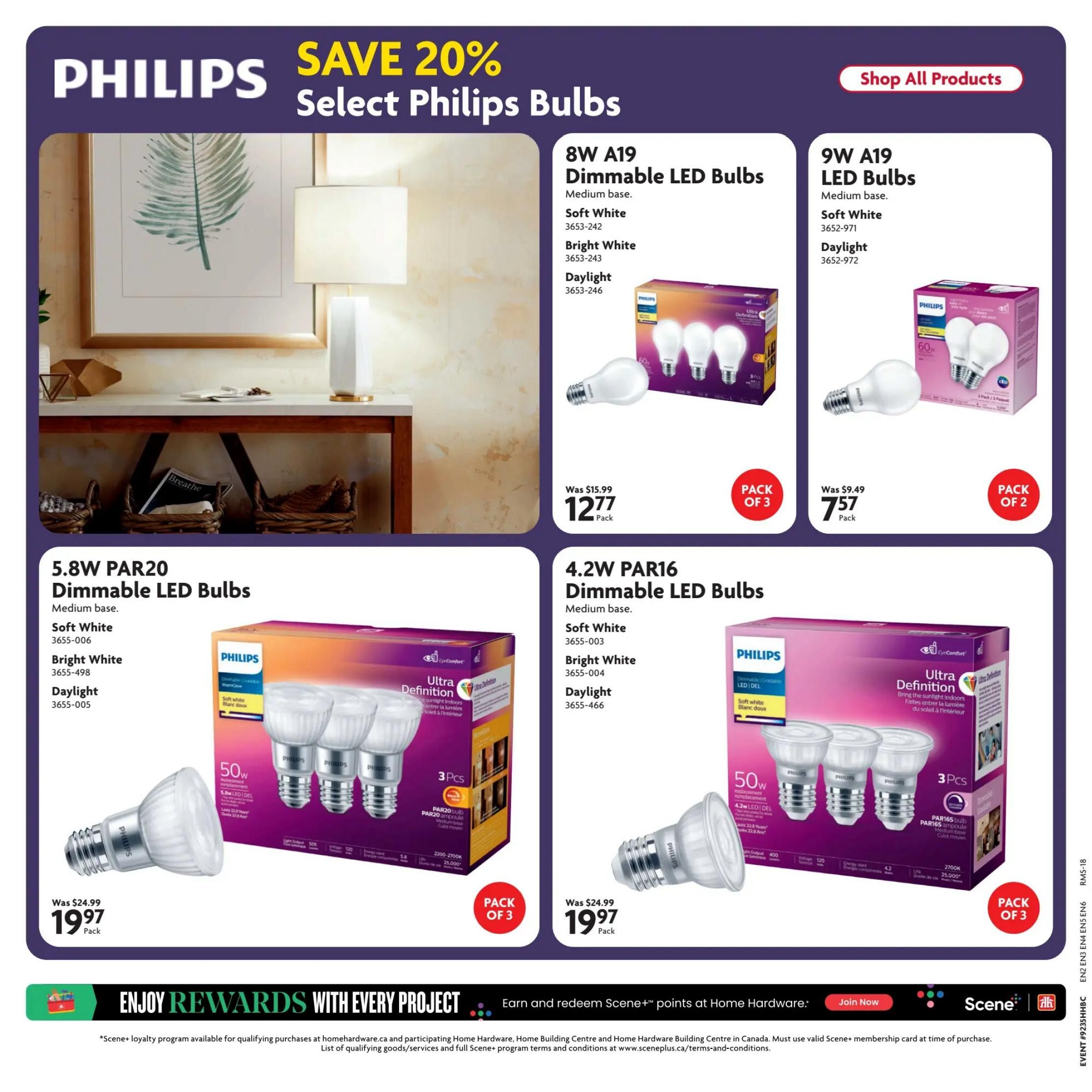 Home Hardware flyer specials page featuring Philips LED bulbs with a 20% savings offer. Products include 8W A19 Dimmable LED Bulbs in Soft White, Bright White, and Daylight, originally $15.99, now $12.77 per pack of 3. Also available are 9W A19 LED Bulbs in Soft White and Daylight, originally $9.49, now $7.57 per pack of 2. Additionally, find 5.8W PAR20 Dimmable LED Bulbs in Soft White, Bright White, and Daylight, originally $24.99, now $19.97 per pack. The page also highlights 4.2W PAR16 Dimmable LED Bulbs in Soft White, Bright White, and Daylight, originally $24.99, now $19.97 per pack of 3. The bottom of the page promotes earning and redeeming Scene+ points with every project at Home Hardware.