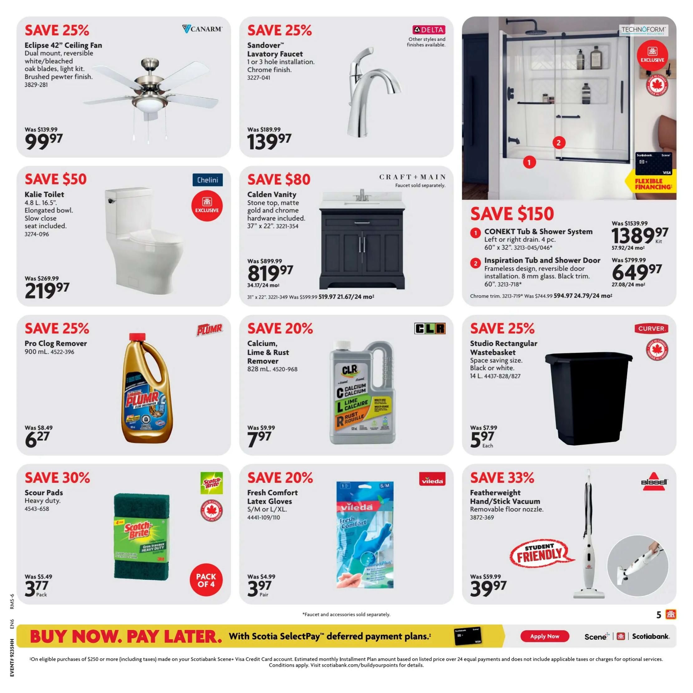 Home Hardware flyer specials, page 14. Save 25% on the Eclipse 42' Ceiling Fan, now $99.97. Save 25% on the Sandover Lavatory Faucet, now $139.97. Save $50 on the Kalie Toilet, now $219.97. Save $80 on the Calden Vanity with stone top, now $819.97. Save $150 on the CONEKT Tub & Shower System, now $1389.97 for the 4 pc kit, and the Inspiration Tub and Shower Door is $649.97. Save 25% on the Studio Rectangular Wastebasket, now $5.97 each. Save 25% on Pro Clog Remover, 900 mL, now $6.27. Save 20% on CLR Calcium, Lime & Rust Remover, 828 mL, now $7.97. Save 30% on Scotch-Brite Scour Pads, Heavy duty, 4 pack, now $3.77. Save 20% on Vileda Fresh Comfort Latex Gloves, S/M or L/XL, now $3.97 pair. Save 33% on the Bissell Featherweight Hand/Stick Vacuum, now $39.97. The bottom of the page features a 'Buy Now, Pay Later' offer with Scotia SelectPay™ deferred payment plans.