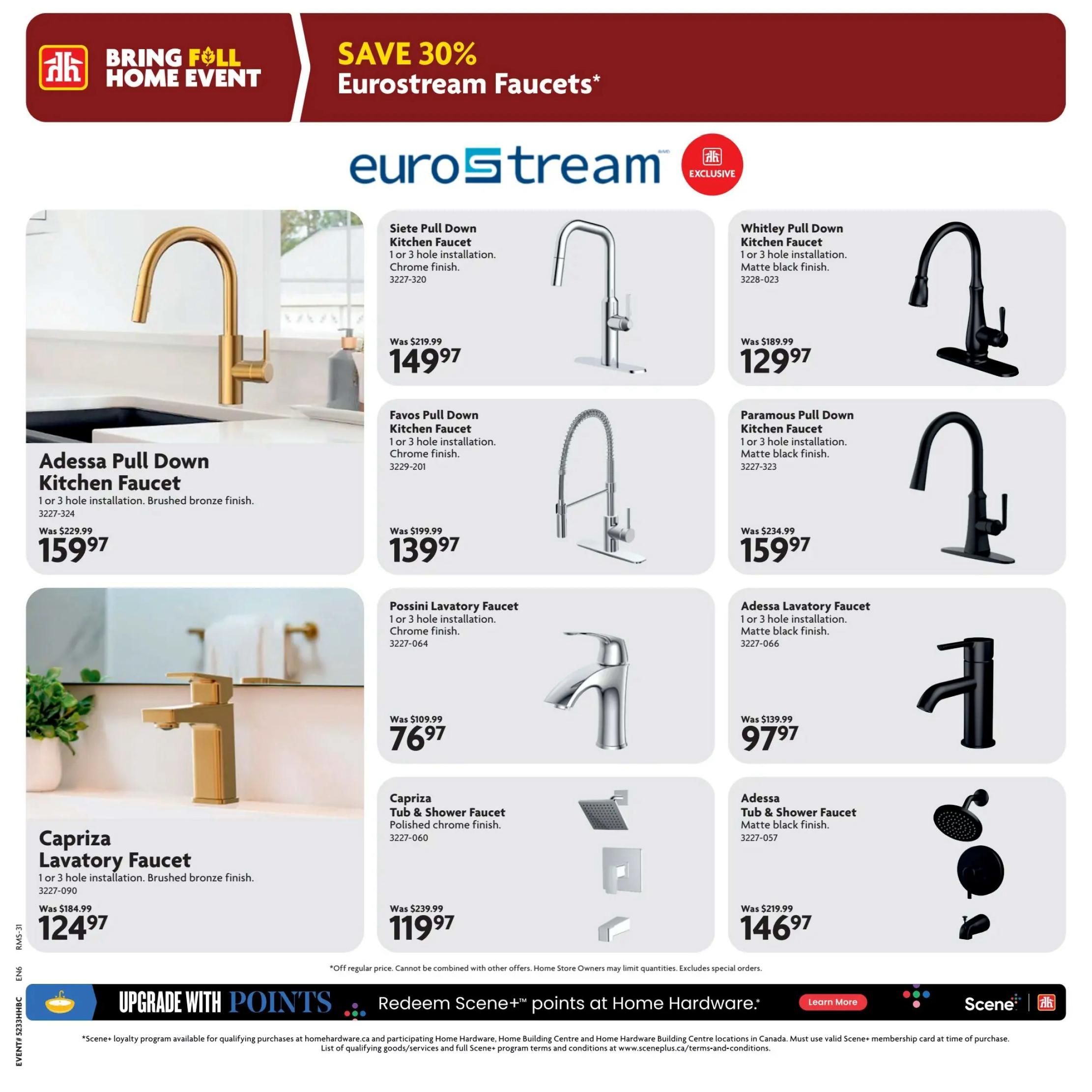 Home Hardware flyer page 19 featuring Eurostream Faucets with a 30% discount. Products include the Adessa Pull Down Kitchen Faucet in brushed bronze finish for $159.97, the Siete Pull Down Kitchen Faucet in chrome finish for $149.97, the Whitley Pull Down Kitchen Faucet in matte black finish for $129.97, the Favos Pull Down Kitchen Faucet in chrome finish for $139.97, the Paramous Pull Down Kitchen Faucet in matte black finish for $159.97, the Possini Lavatory Faucet in chrome finish for $76.97, the Adessa Lavatory Faucet in matte black finish for $97.97, the Capriza Lavatory Faucet in brushed bronze finish for $124.97, the Capriza Tub & Shower Faucet in polished chrome finish for $119.97, and the Adessa Tub & Shower Faucet in matte black finish for $146.97. The page also promotes upgrading with Scene+ points at Home Hardware.