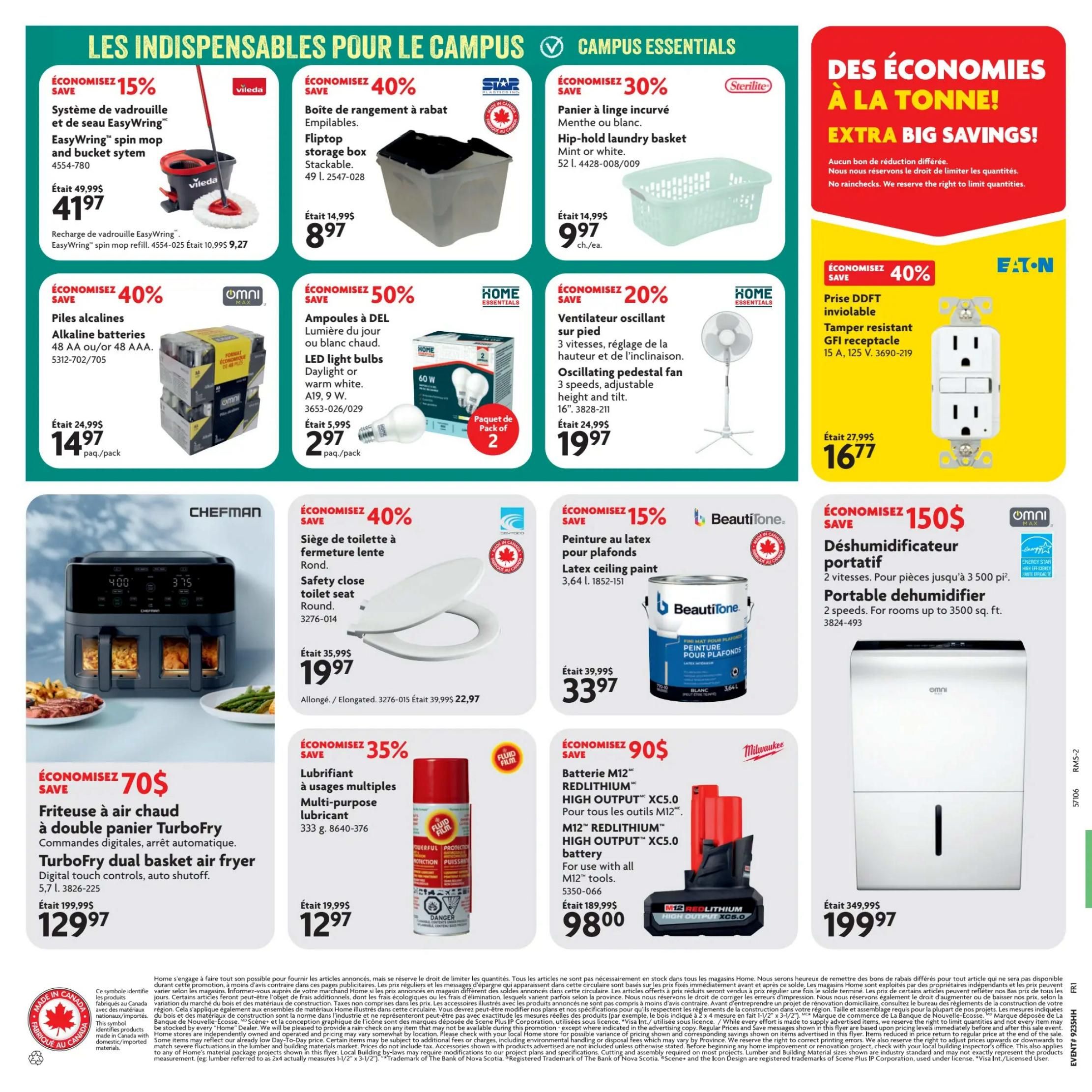 Home Hardware flyer page 2 featuring campus essentials and big savings. Offers include a Vileda EasyWring spin mop system for $41.97 (save 15%), Sterilite fliptop storage boxes for $8.97 (save 40%), and a hip-hold laundry basket for $9.97 (save 30%). Also featured are Omni alkaline batteries for $14.97 (save 40%), Omni LED light bulbs for $2.97 (save 50%), and an oscillating pedestal fan for $19.97 (save 20%). Kitchen appliances include a Chefman TurboFry dual basket air fryer for $129.97 (save $70). Other deals are a safety close toilet seat for $19.97 (save 40%), BeautiTone latex ceiling paint for $33.97 (save 15%), an Omni portable dehumidifier for $199.97 (save $150), and a Milwaukee M12 REDLITHIUM high output XC5.0 battery for $98.00 (save $90). A multi-purpose lubricant is on sale for $12.97 (save 35%). The page also highlights 'Extra Big Savings!' with a note about rainchecks and quantity limits. Products made in Canada are marked with a 'Made in Canada' symbol.