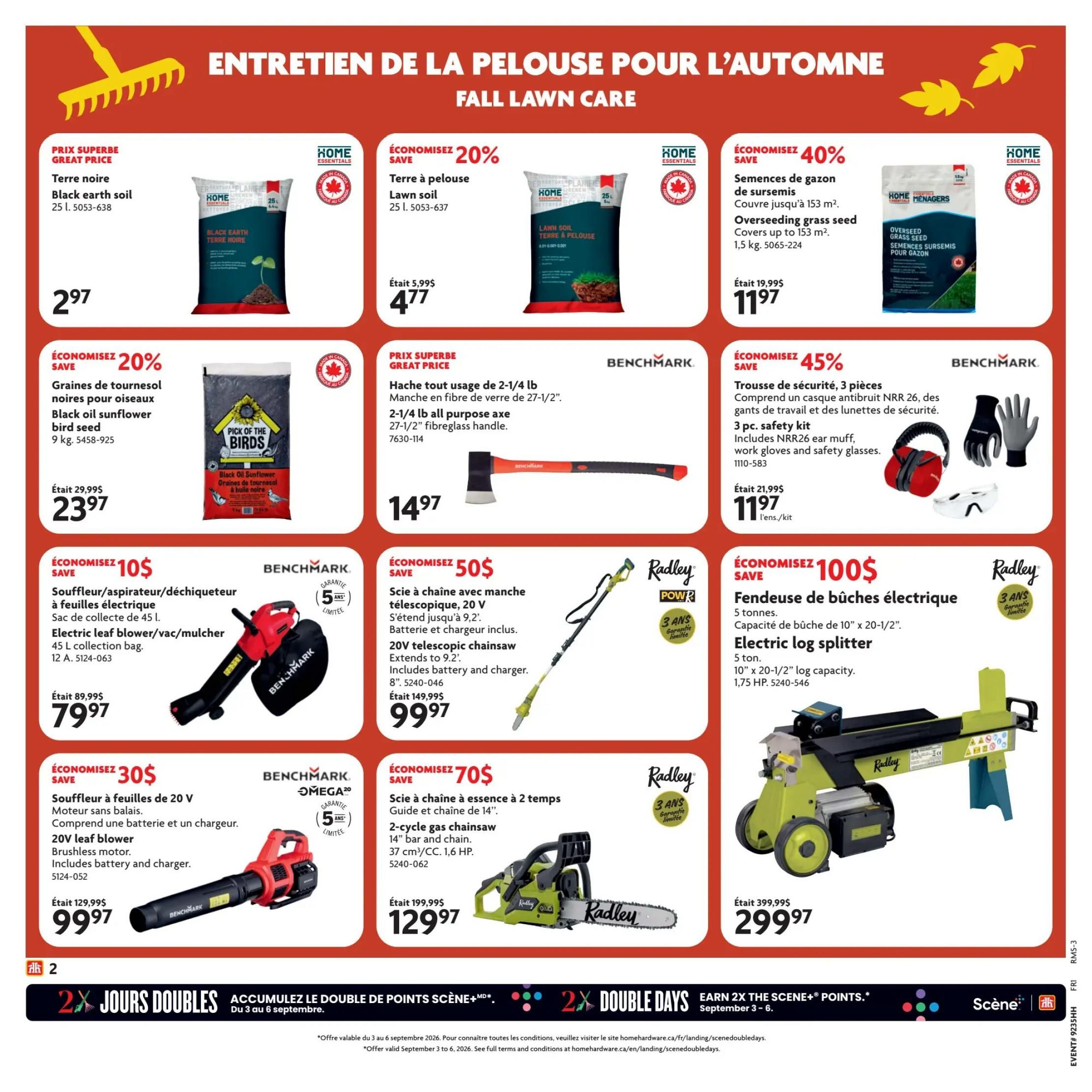 Home Hardware flyer page 3 featuring Fall Lawn Care products. Offers include Black earth soil for $2.97, Lawn soil for $4.77 (save 20%), Overseeding grass seed for $11.97 (save 40%), and a 3-piece safety kit with ear muffs, gloves, and glasses for $11.97 (save 45%). Also available are Black oil sunflower bird seed for $23.97 (save 20%), a 2-1/4 lb all-purpose axe with fibreglass handle for $14.97, an electric leaf blower/vac/mulcher with a 45 L collection bag for $79.97 (save $10), a 20V leaf blower with brushless motor, battery and charger for $99.97 (save $30), a 20V telescopic chainsaw with battery and charger for $99.97 (save $50), and an electric log splitter for $299.97 (save $100). The bottom of the page highlights '2X Double Days' where customers can earn 2X the Scene+ points from September 3-6.