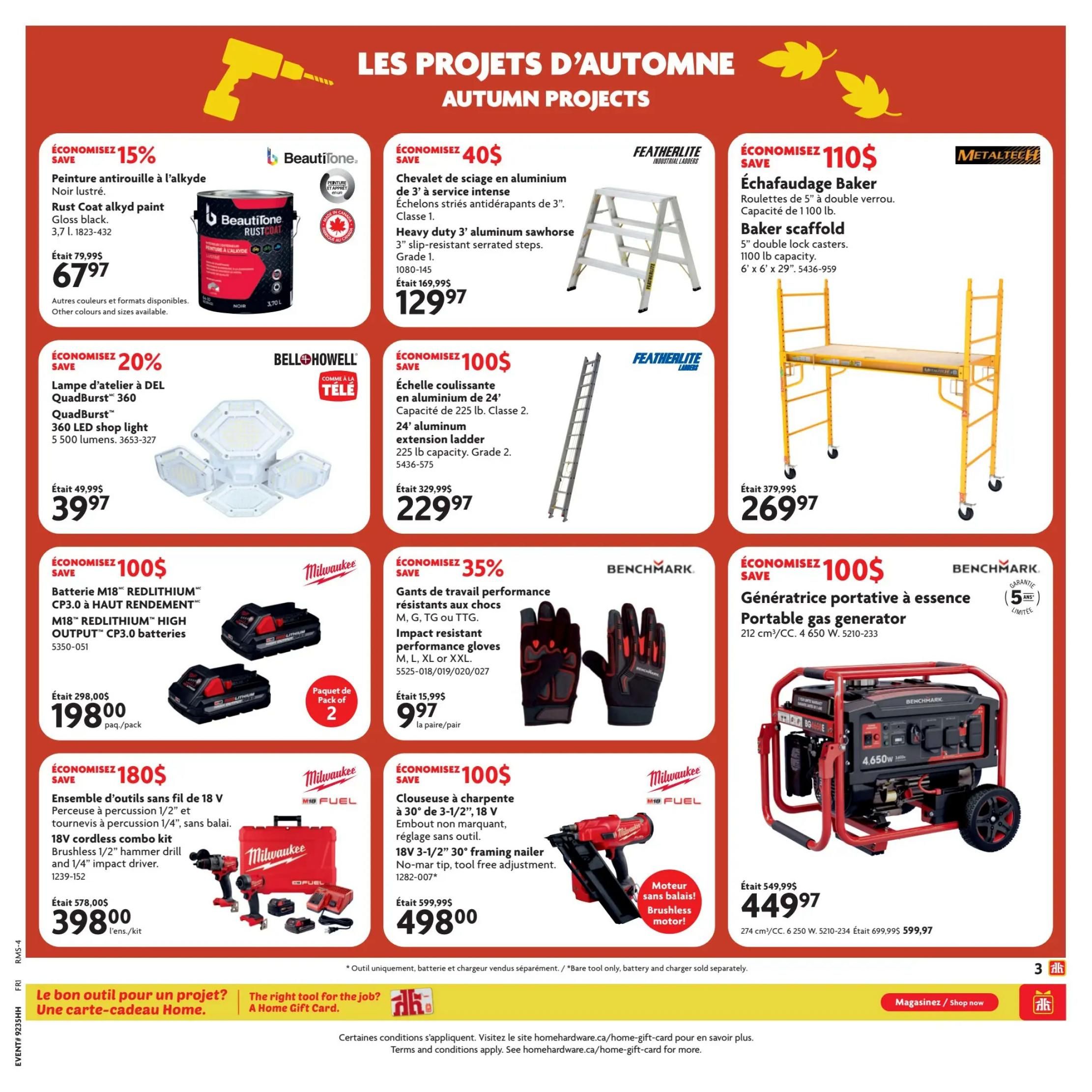 Home Hardware flyer page 4 featuring Autumn Projects. Deals include: Beautitone Rust Coat alkyd paint in gloss black, 3.7L for $67.97 (save 15%); Featherlite heavy duty 3' aluminum sawhorse for $129.97 (save $40); Metaltech Baker scaffold with 5' double lock casters and 1100 lb capacity for $269.97 (save $110); Bell+Howell 360 5500 lumens LED shop light for $39.97 (save 20%); Featherlite 24' aluminum extension ladder with 225 lb capacity for $229.97 (save $100); Benchmark portable gas generator (212 cc/4650 W) for $449.97 (save $100); Milwaukee M18 REDLITHIUM CP3.0 batteries (2-pack) for $198.00 (save $100); Benchmark impact resistant performance gloves in sizes M, G, TG, or TTG for $9.97 (save 35%); and a Milwaukee 18V cordless 1/2' hammer drill and 1/4' impact driver combo kit for $398.00 (save $180). Also features a Milwaukee 18V 3-1/2' 30° framing nailer with brushless motor for $498.00 (save $100). A section at the bottom promotes Home Hardware gift cards.