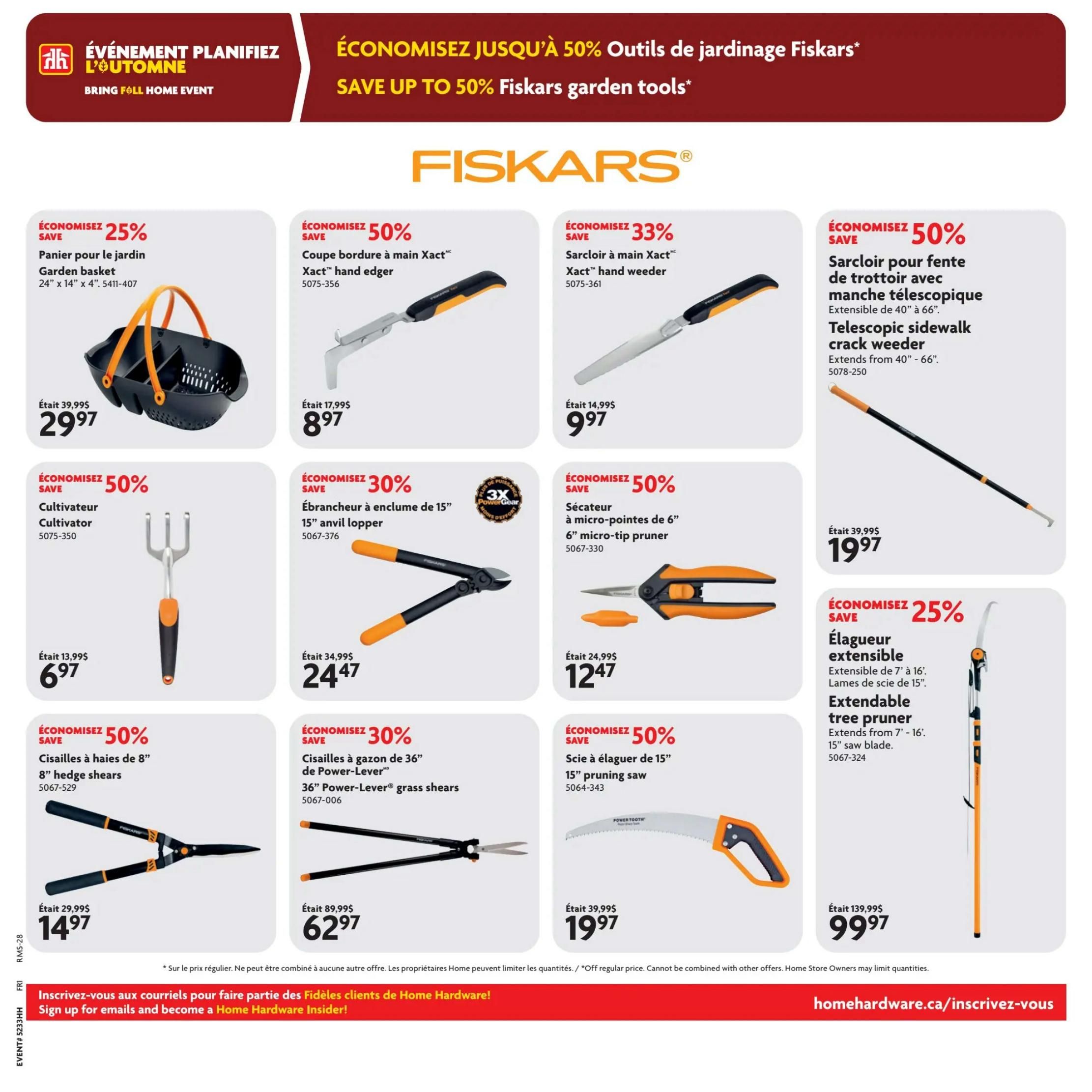 Home Hardware flyer page 7 featuring Fiskars garden tools with savings up to 50%. Products include a 25% off Garden basket for $29.97, a 50% off Xact hand edger for $8.97, a 33% off Xact hand weeder for $9.97, and a 50% off Telescopic sidewalk crack weeder for $19.97. Also available are a 50% off Cultivator for $6.97, a 30% off 15' anvil lopper for $24.47, a 50% off 6' micro-tip pruner for $12.47, and a 25% off Extendable tree pruner for $99.97. Additionally, find 50% off 8' hedge shears for $14.97 and 30% off 36' Power-Lever grass shears for $62.97. A 15' pruning saw is 50% off and priced at $19.97. The page also promotes signing up for Home Hardware emails to become an Insider.