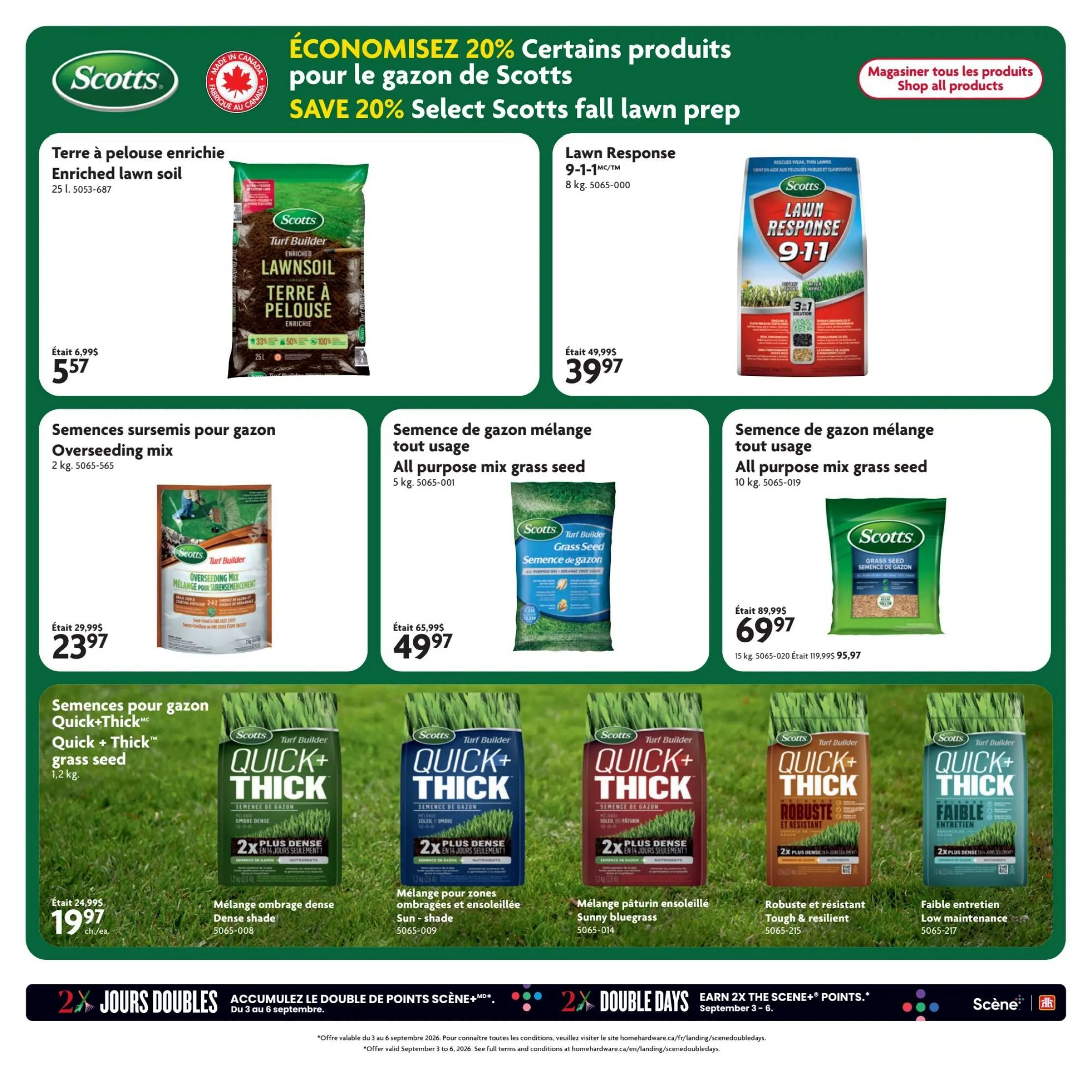 Home Hardware flyer page 9 featuring Scotts lawn care products with a 'Save 20% Select Scotts fall lawn prep' promotion. Products include Scotts Turf Builder Enriched Lawn Soil (25 L) for $5.57, down from $6.99. Scotts Lawn Response 9-1-1 (8 kg) is on sale for $39.97, originally $49.99. Overseeding Mix (2 kg) is $23.97, reduced from $29.99. All Purpose Mix Grass Seed (5 kg) is $49.97, down from $65.99, and a 10 kg bag is $69.97, down from $89.99. Also featured are Scotts Turf Builder Quick+Thick grass seed varieties: Dense Shade (1.2 kg) for $19.97, Sun-shade (1.2 kg), Sunny Bluegrass (1.2 kg), Tough & Resilient (1.2 kg), and Low Maintenance (1.2 kg). The bottom of the page highlights '2X Double Days' promotion to earn double Scene+ points from September 3-6.