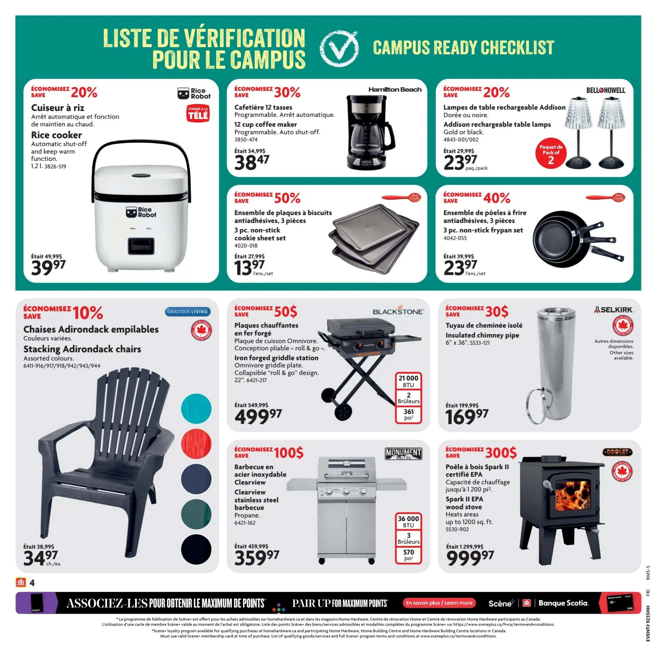 Home Hardware flyer page 11 features a 'Campus Ready Checklist' with various home and kitchen items. Featured products include a Rice Robot 1.2L automatic shut-off rice cooker for $39.97 (save 20%), a Hamilton Beach 12-cup programmable coffee maker for $38.47 (save 30%), Addison rechargeable table lamps in gold or black for $23.97 per pack (save 20%), and a 3-piece non-stick cookie sheet set for $13.97 (save 50%). Also available are Gracious Living stacking Adirondack chairs in assorted colours for $34.97 each (save 10%), a Blackstone iron forged griddle station with Omnivore griddle plate for $499.97 (save $50), a 3-piece non-stick frypan set for $23.97 (save 40%), a Selkirk insulated chimney pipe for $169.97 (save $30), and a Monument Clearview stainless steel propane barbecue for $359.97 (save $100). Additionally, a De Vielle Spark II EPA certified wood stove that heats up to 1200 sq. ft. is on sale for $999.97 (save $300). The bottom of the page promotes the Scene+ loyalty program for earning points on purchases.